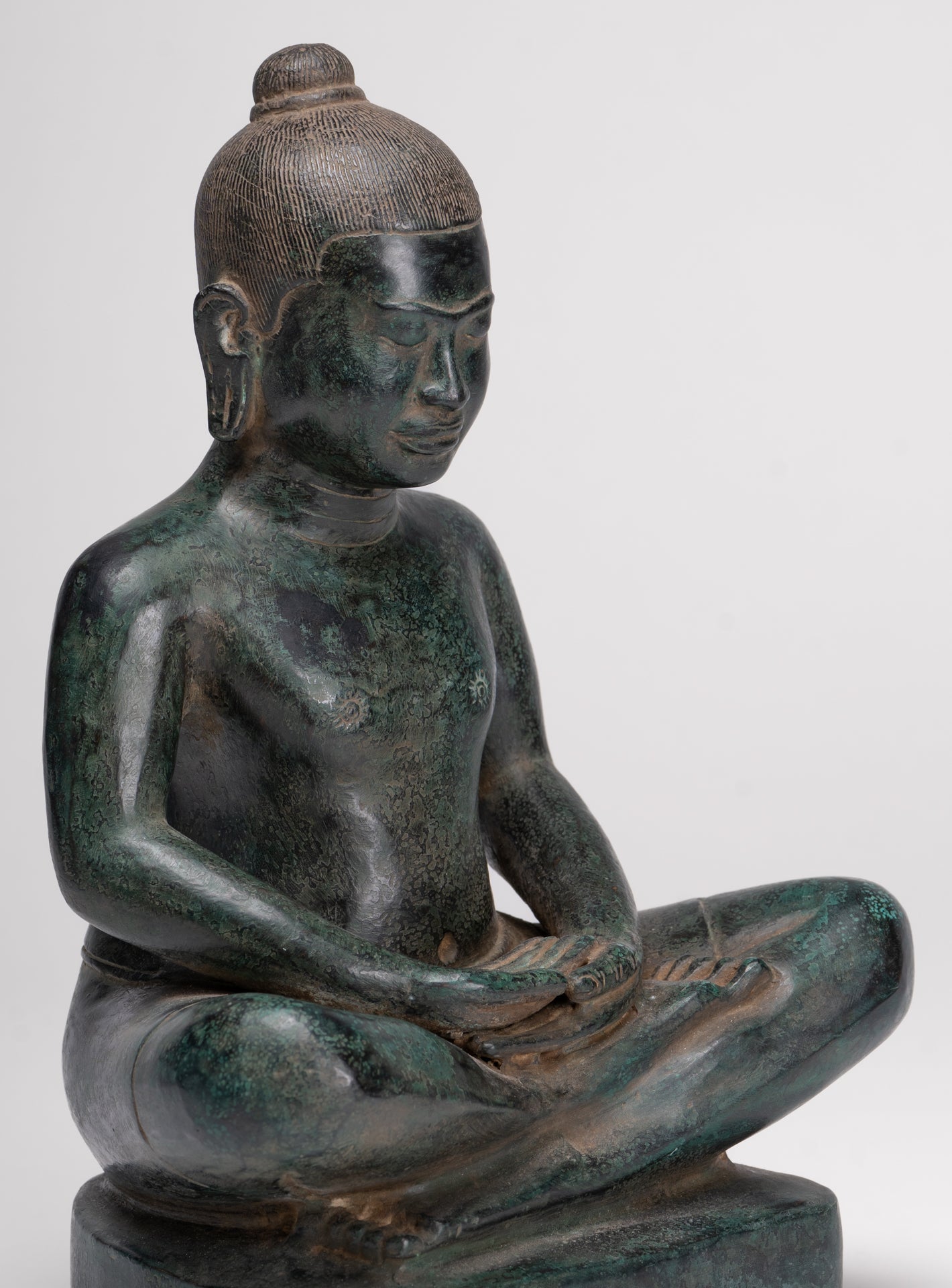 Antique Khmer Style Seated Bronze Meditation Jayavarman VII Statue - 26cm/10"