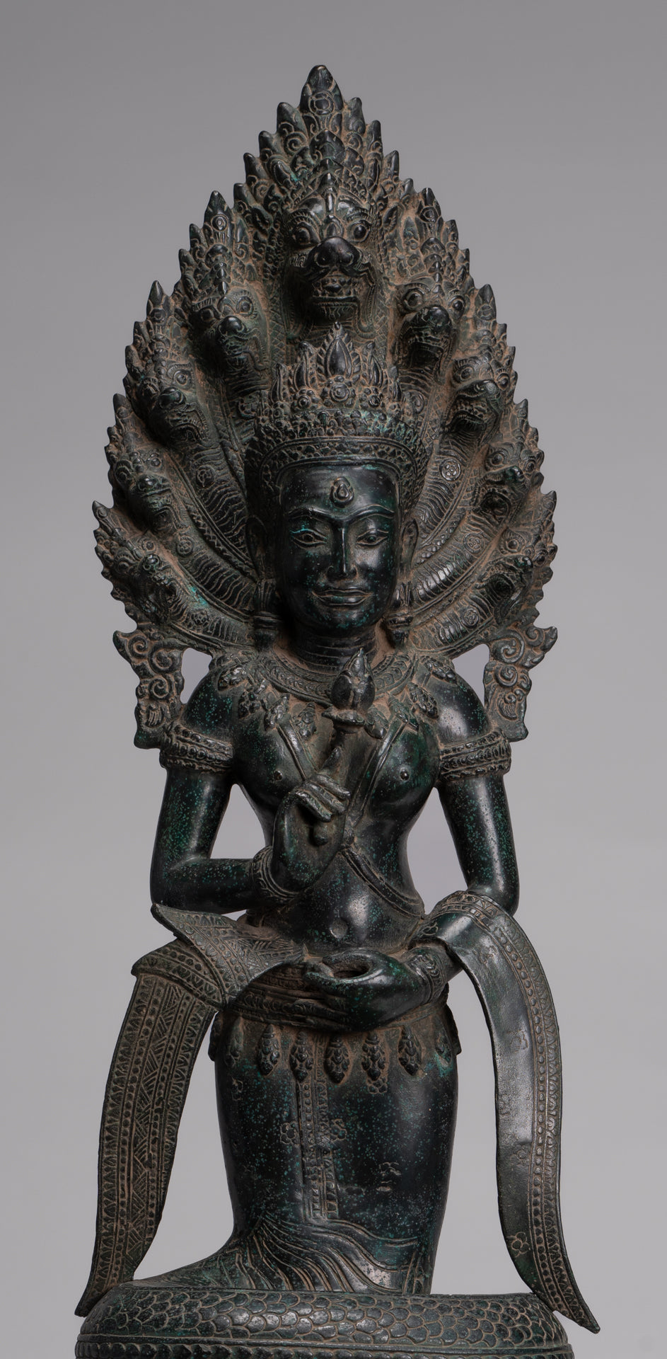 Naga Statue - Antique Khmer Style Bronze Protective 'Queen Soma' Mother of Naga, Snake or Serpent Statue - 76cm/30"