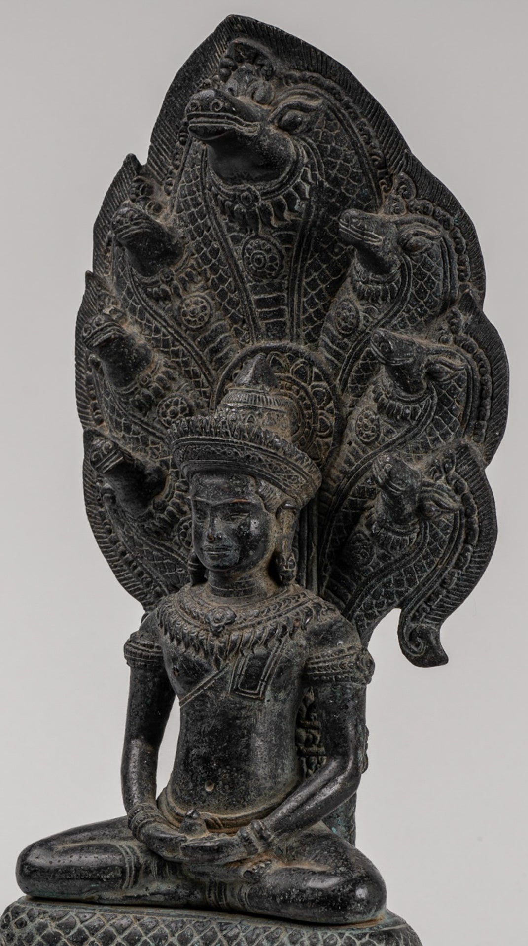 Buddha Statue - Antique Khmer Style Bronze Seated Meditation Naga Buddha Statue - 45cm/18"