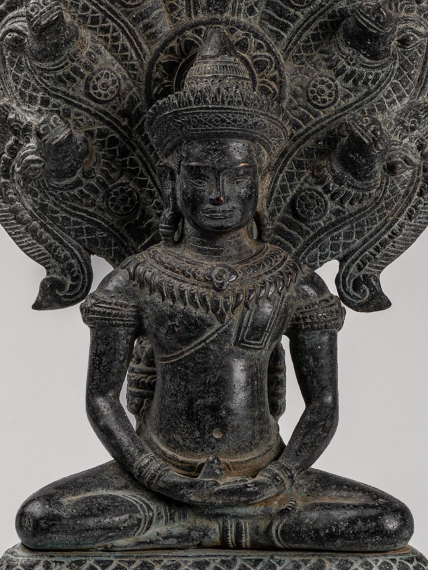 Buddha Statue - Antique Khmer Style Bronze Seated Meditation Naga Buddha Statue - 45cm/18"