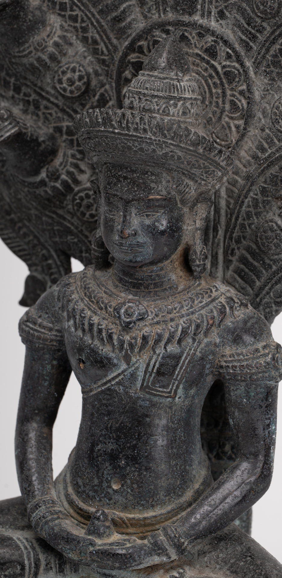 Buddha Statue - Antique Khmer Style Bronze Seated Meditation Naga Buddha Statue - 45cm/18"