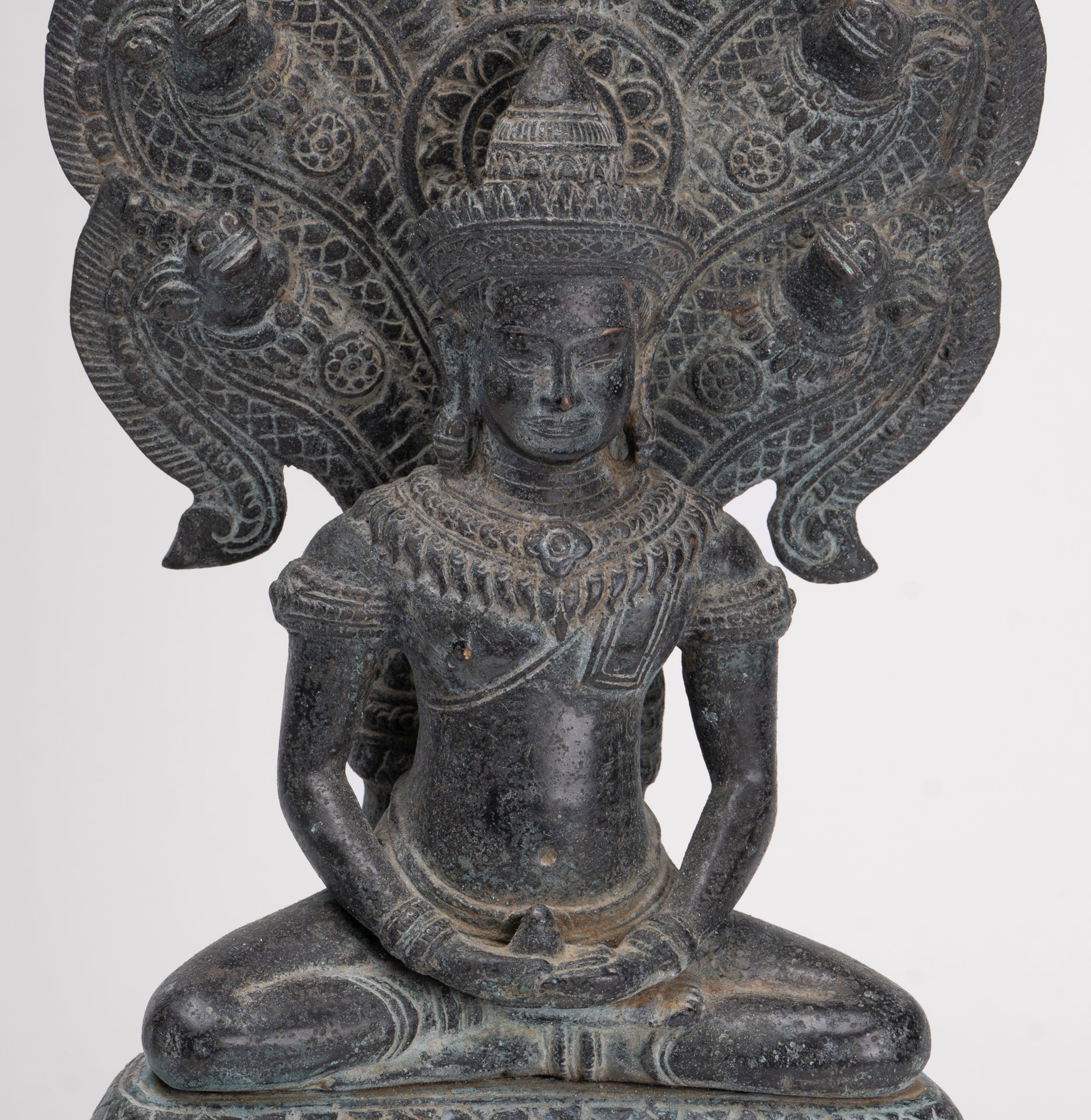 Buddha Statue - Antique Khmer Style Bronze Seated Meditation Naga Buddha Statue - 45cm/18"