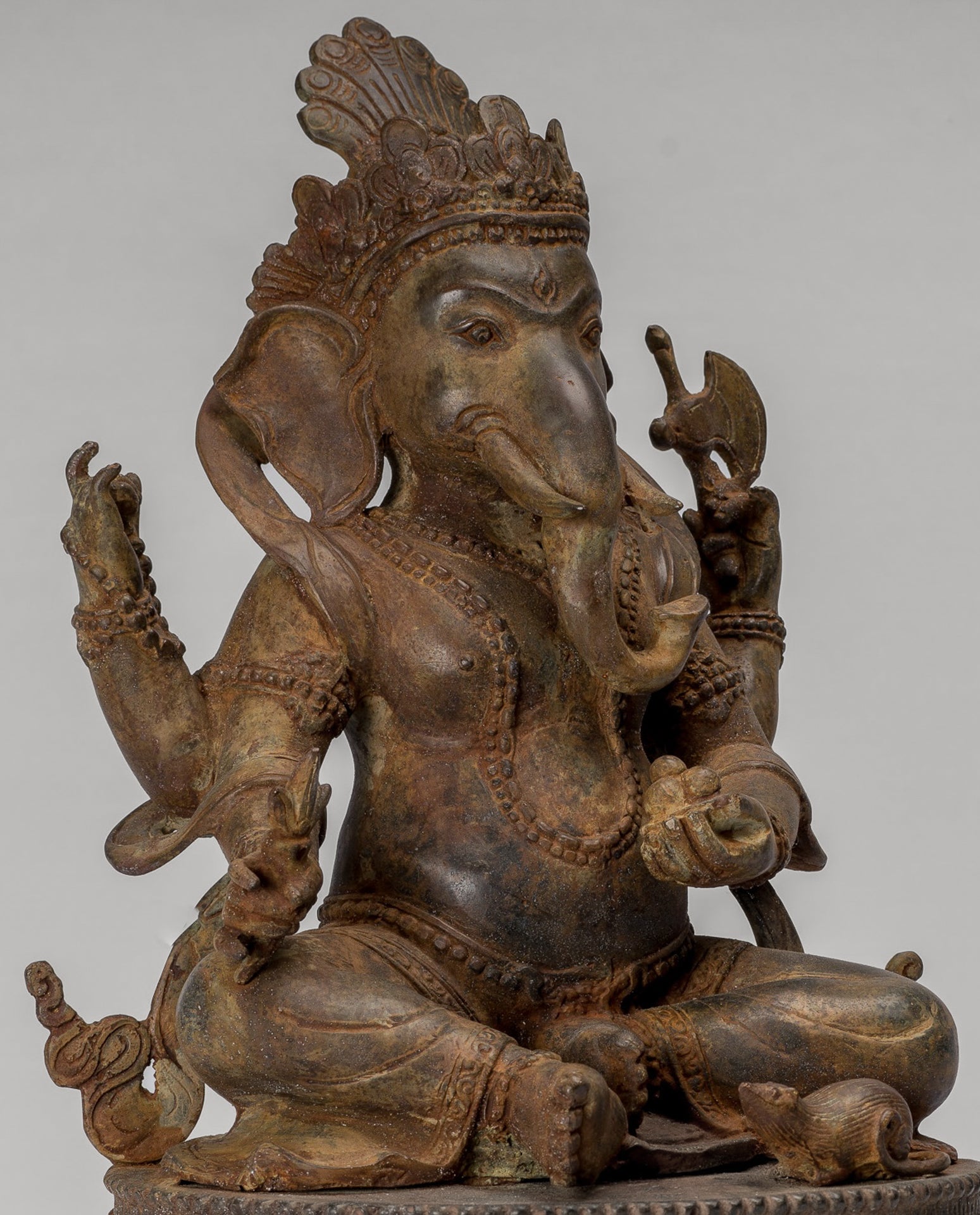 Ganesha Statue - Antique Javanese Style Bronze Seated Majapahit Ganesha Statue - 36cm/14"