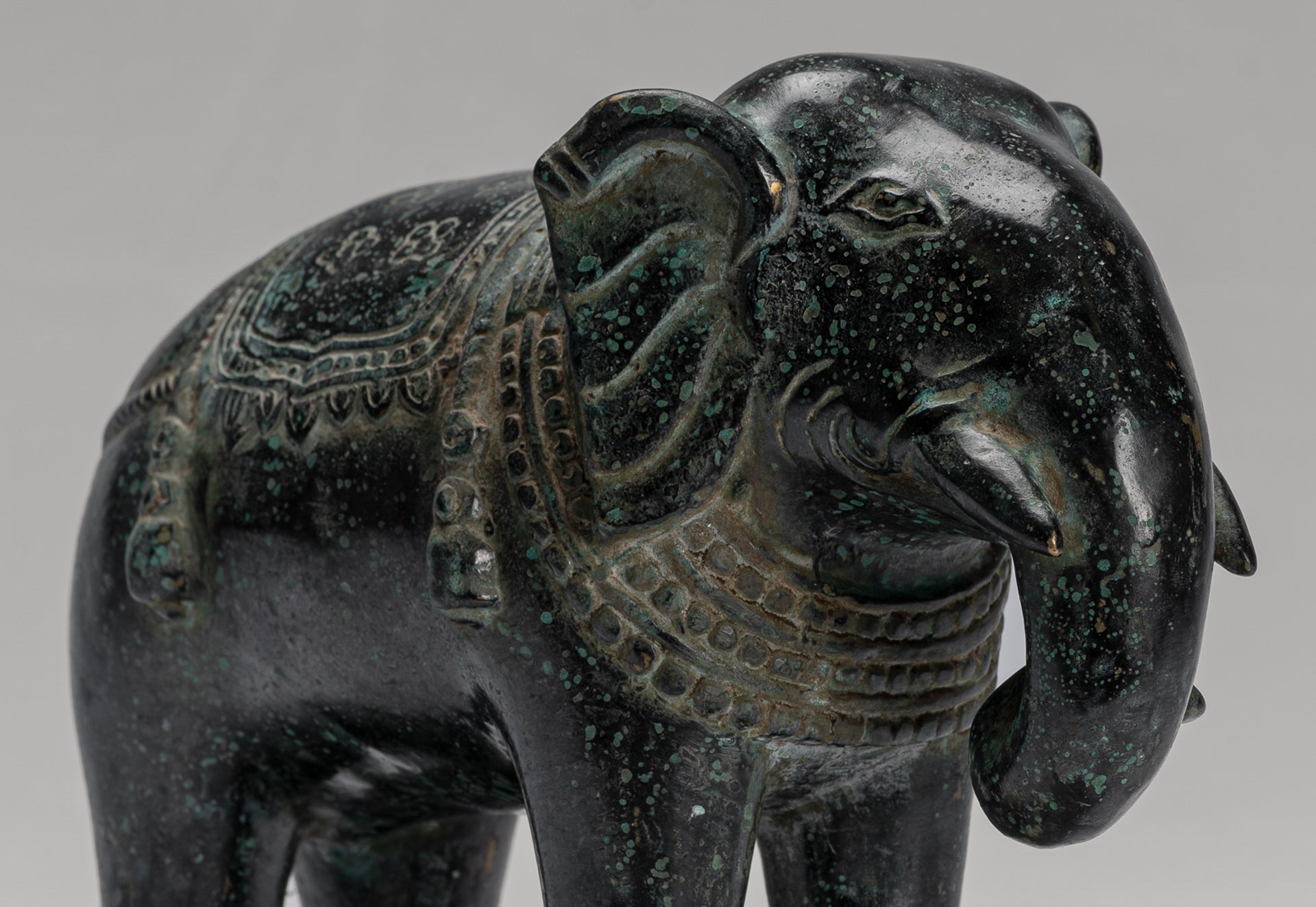 Antique Khmer Style Standing Bronze Elephant Statue - 17cm/7" Tall