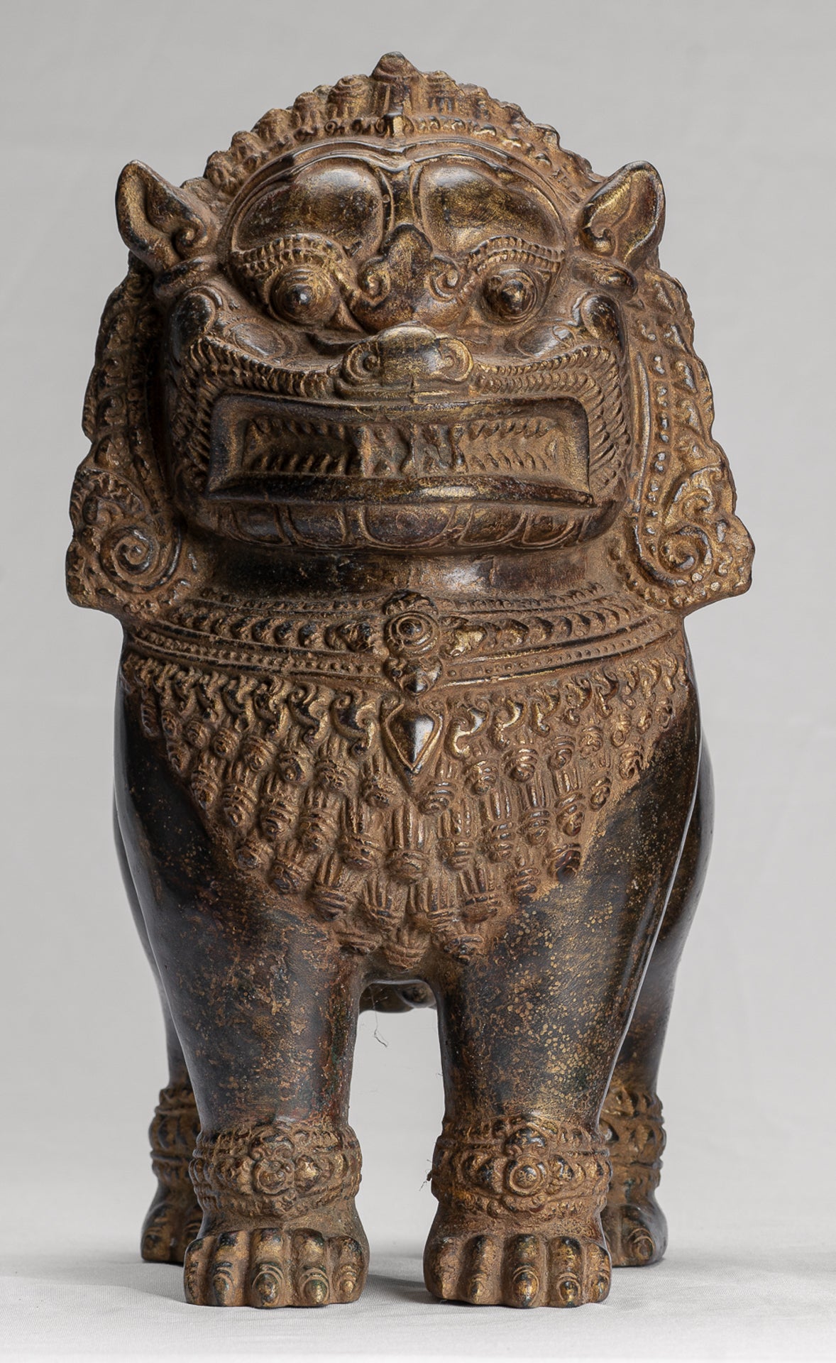 Temple Lion - Antique Khmer Style Bronze Standing Temple Guardian or Lion - 31cm/12" (Pair)