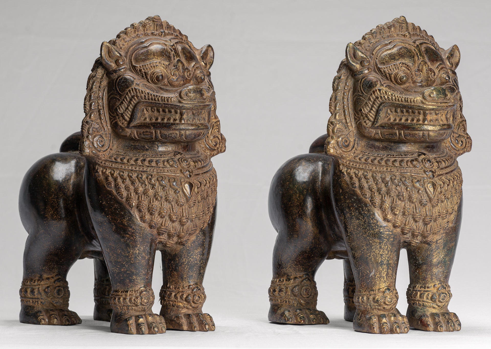 Temple Lion - Antique Khmer Style Bronze Standing Temple Guardian or Lion - 31cm/12" (Pair)