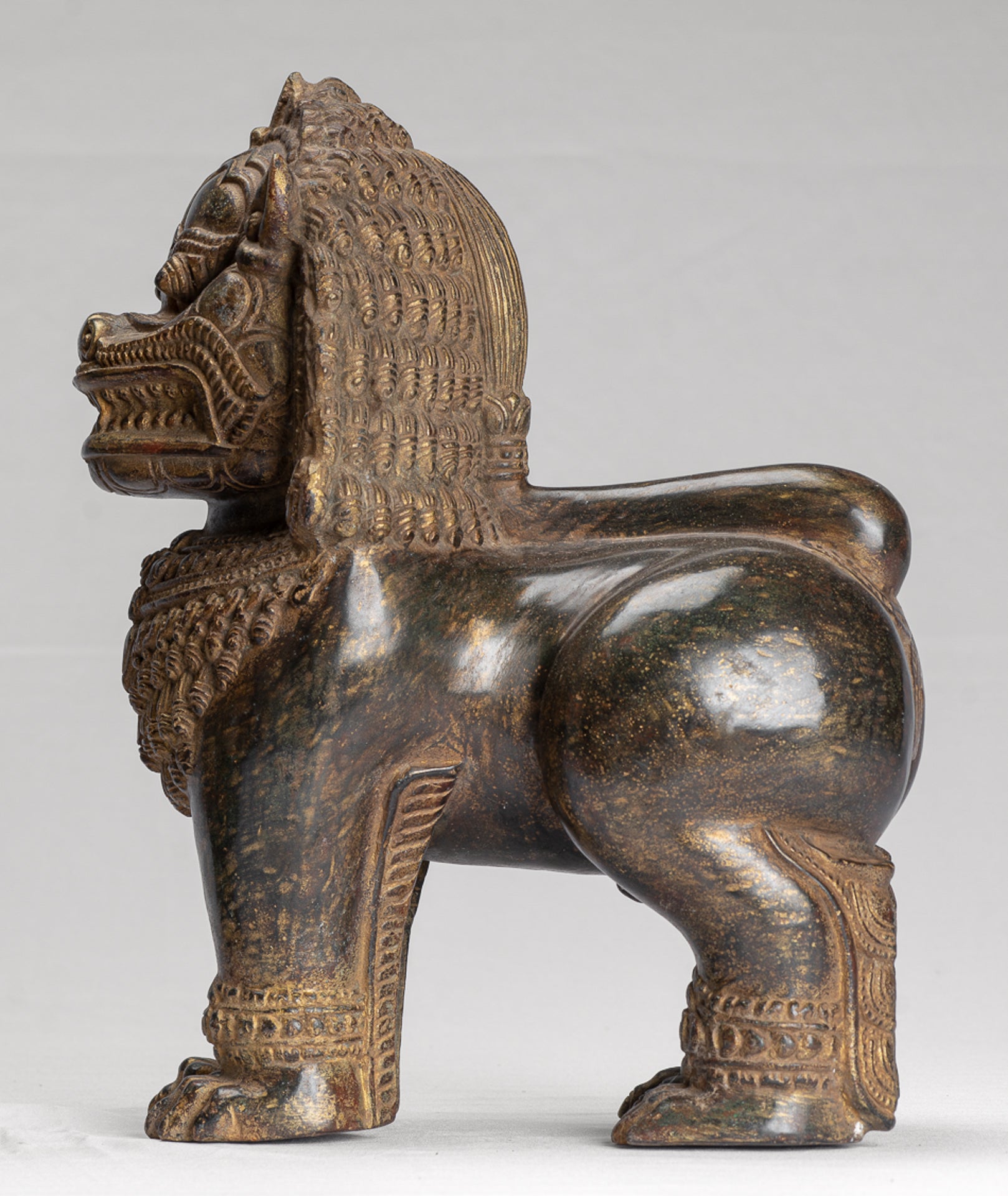 Temple Lion - Antique Khmer Style Bronze Standing Temple Guardian or Lion - 31cm/12" (Pair)