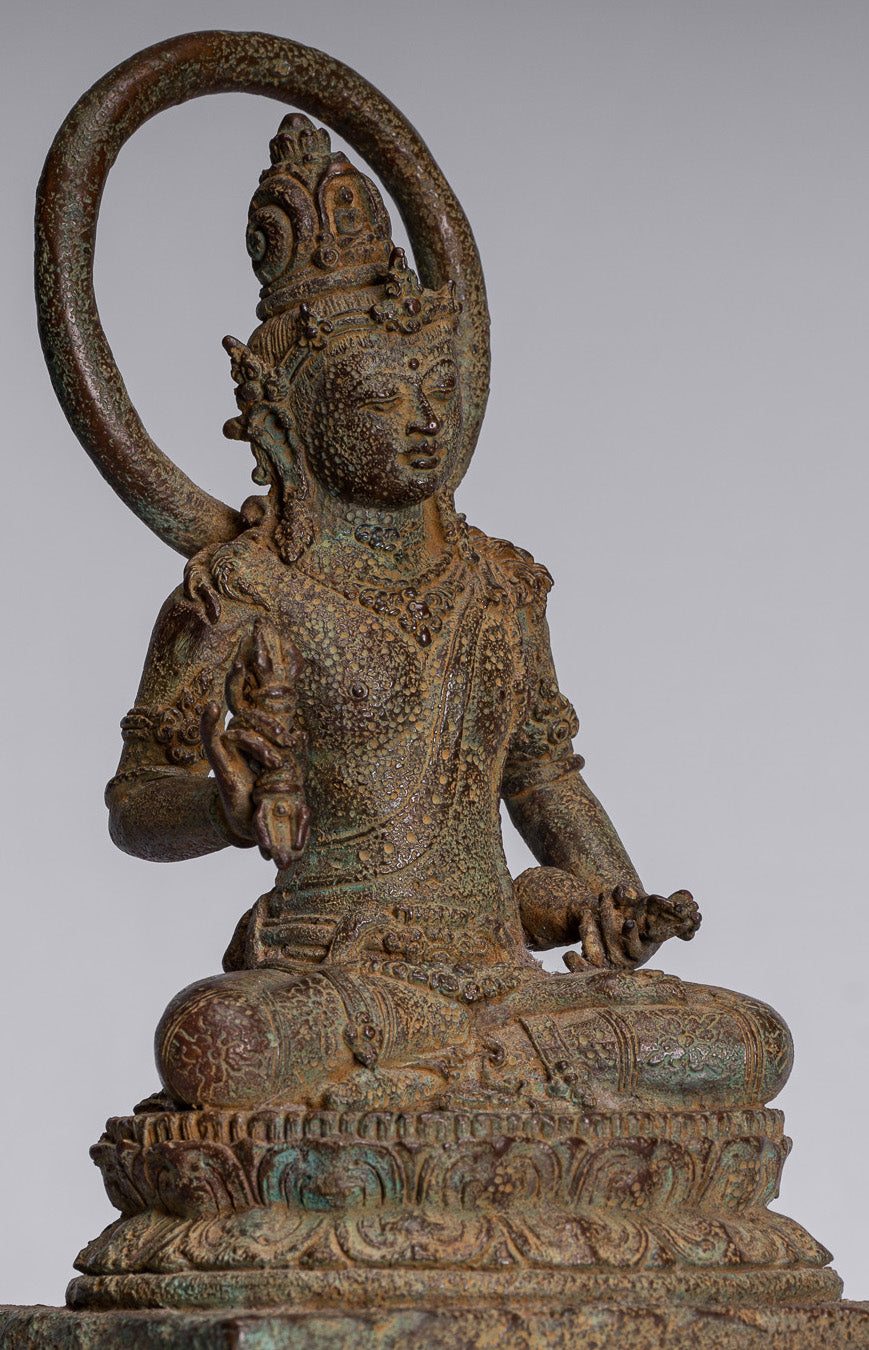 Tara Statue - Antique Java Style Majapahit Seated Bronze Devi Vajra Tara Statue - 25cm/10"