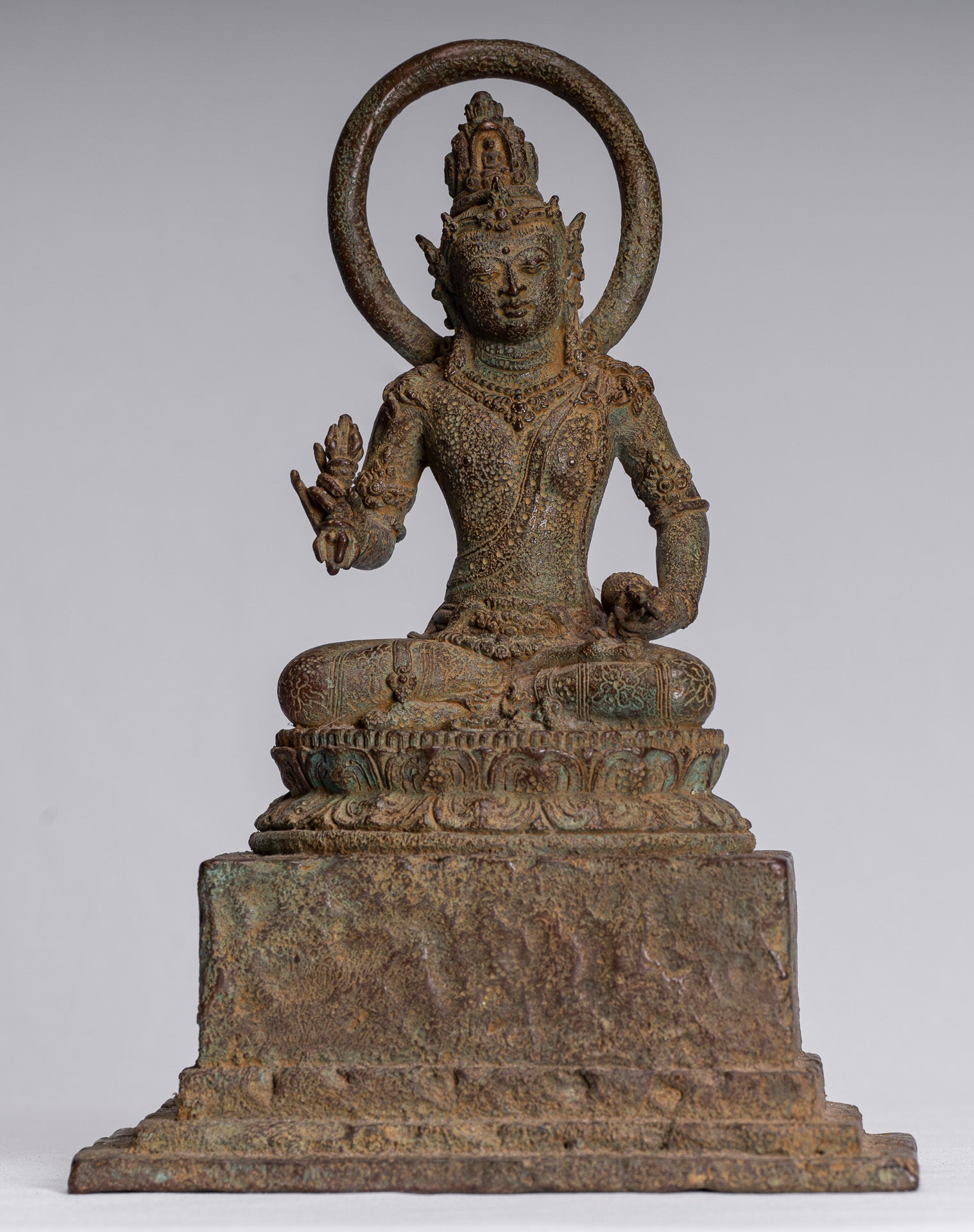 Tara Statue - Antique Java Style Majapahit Seated Bronze Devi Vajra Tara Statue - 25cm/10"