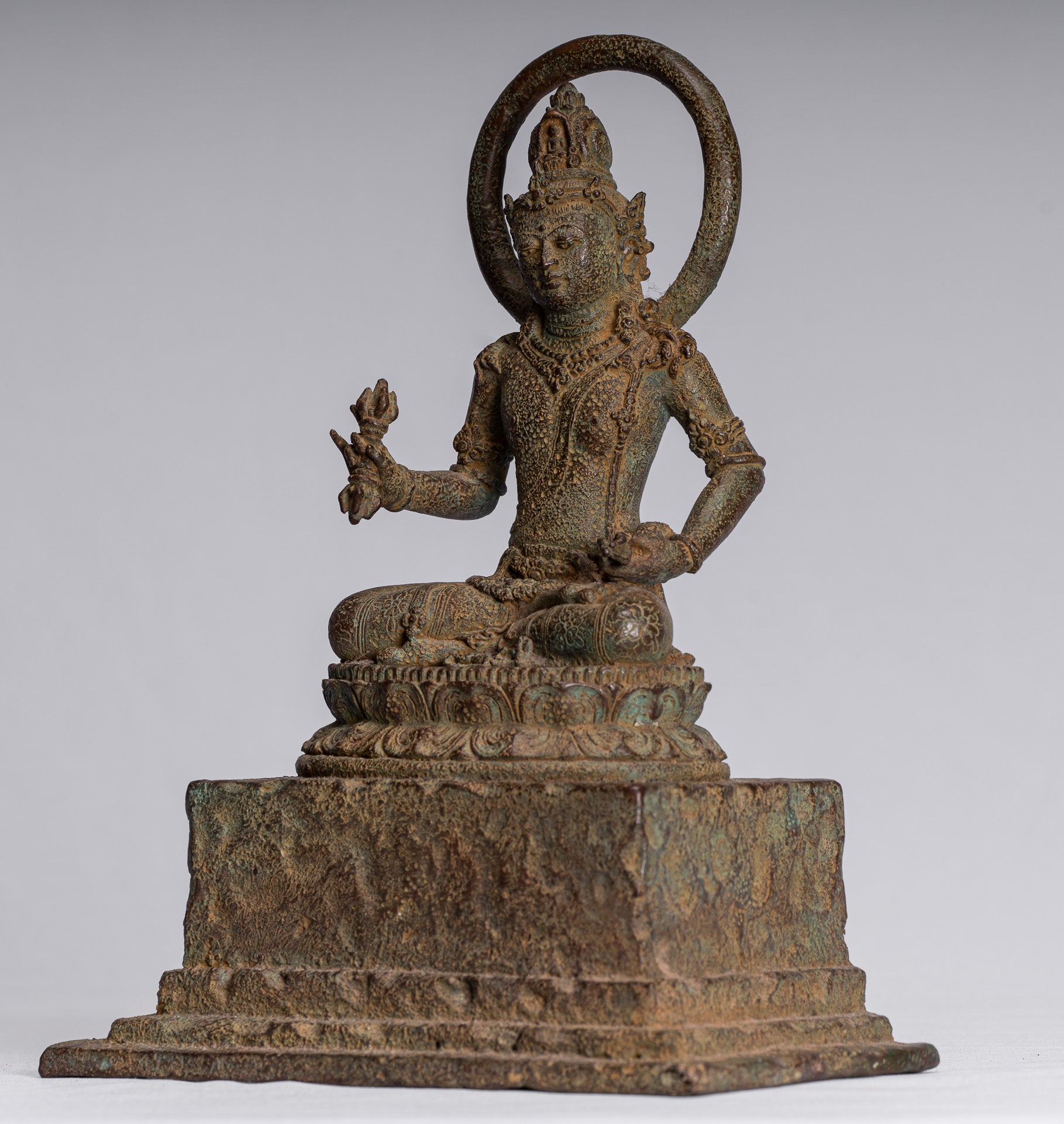 Tara Statue - Antique Java Style Majapahit Seated Bronze Devi Vajra Tara Statue - 25cm/10"