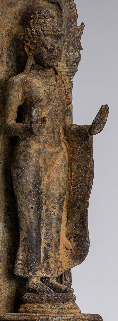 Statue Buddha - Antique stile indonesiano in piedi bronzo giavanese protezione Buddha - 37 cm/15 "