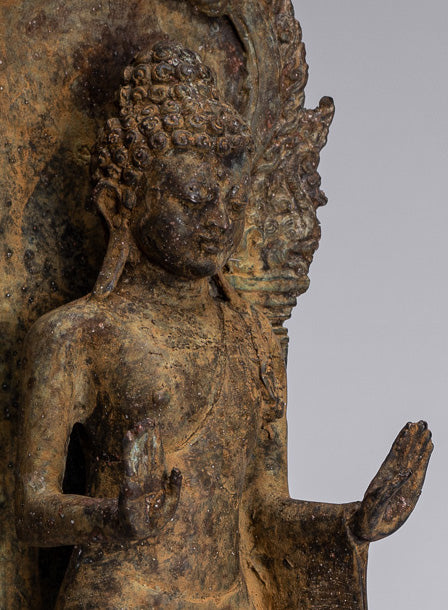 Statue Buddha - Antique stile indonesiano in piedi bronzo giavanese protezione Buddha - 37 cm/15 "