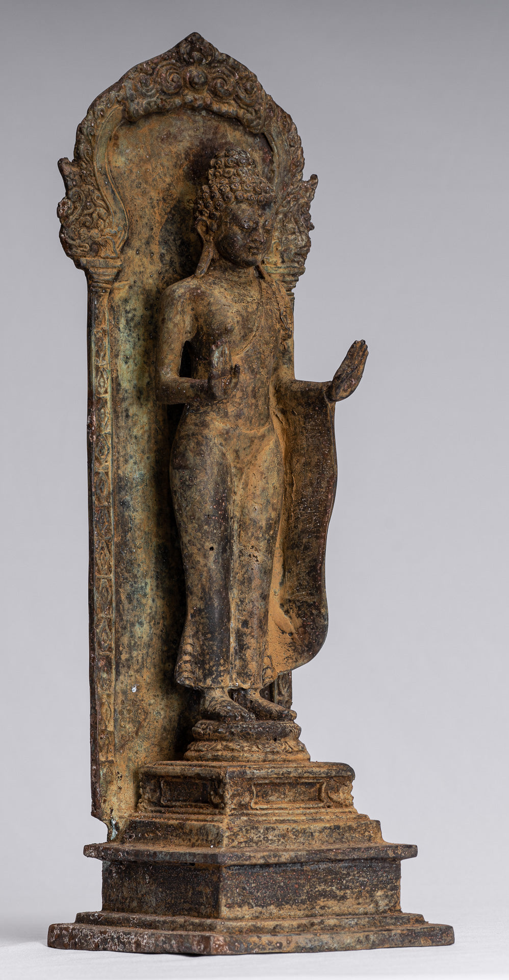 Statue Buddha - Antique stile indonesiano in piedi bronzo giavanese protezione Buddha - 37 cm/15 "