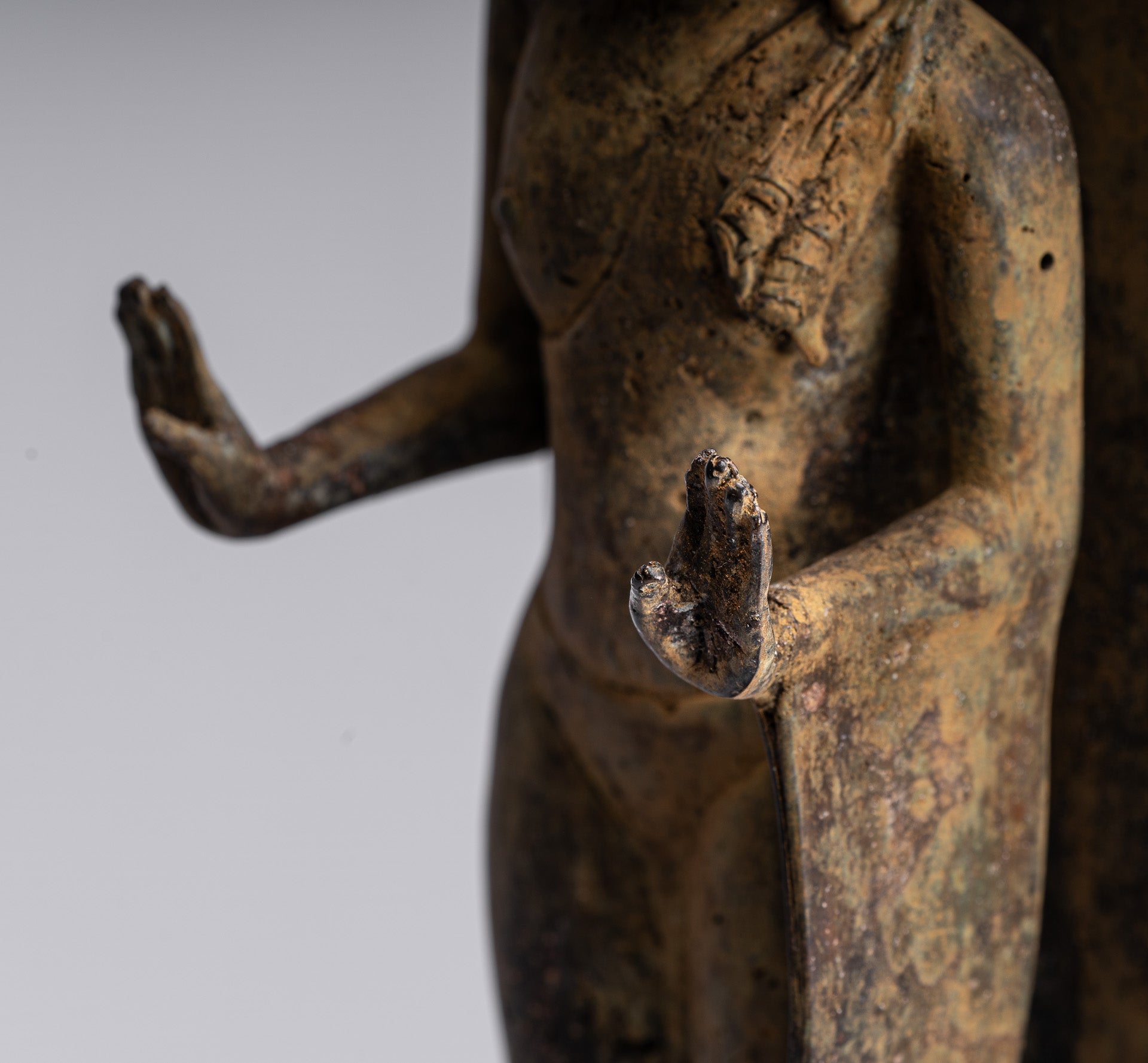 Statue Buddha - Antique stile indonesiano in piedi bronzo giavanese protezione Buddha - 37 cm/15 "