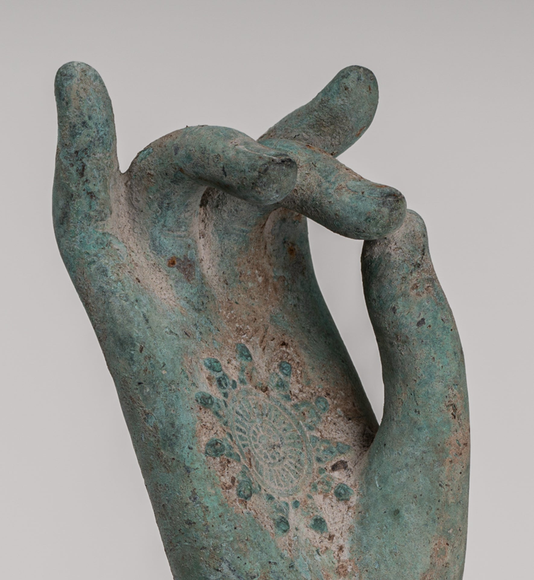 Mounted Antique Khmer Style Southeast Asia Bronze Teaching Hand - 28cm/11"