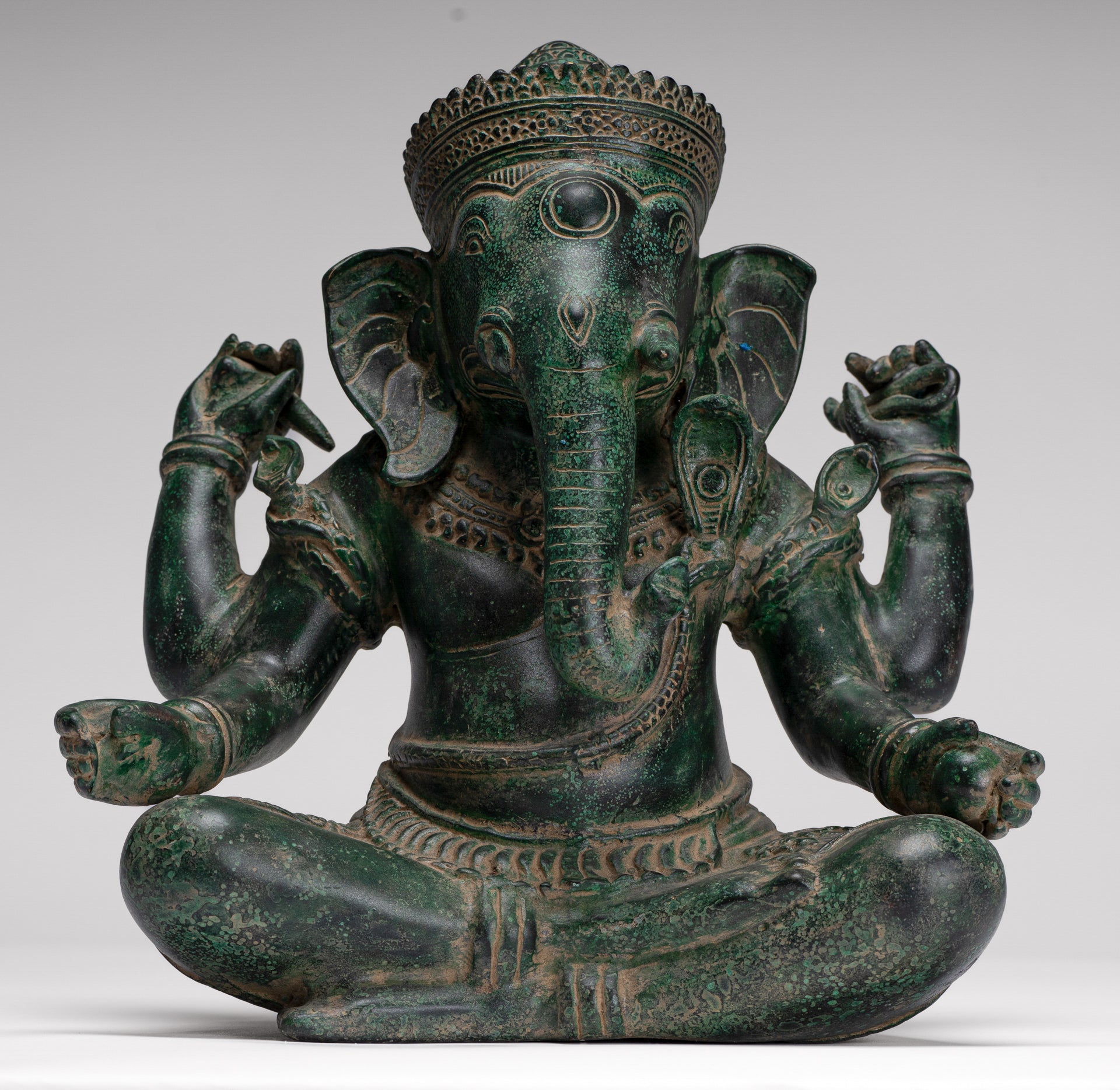 Ganesh Statue - Antique Khmer Style Seated Bronze Ganesha Statue - 29cm/12"