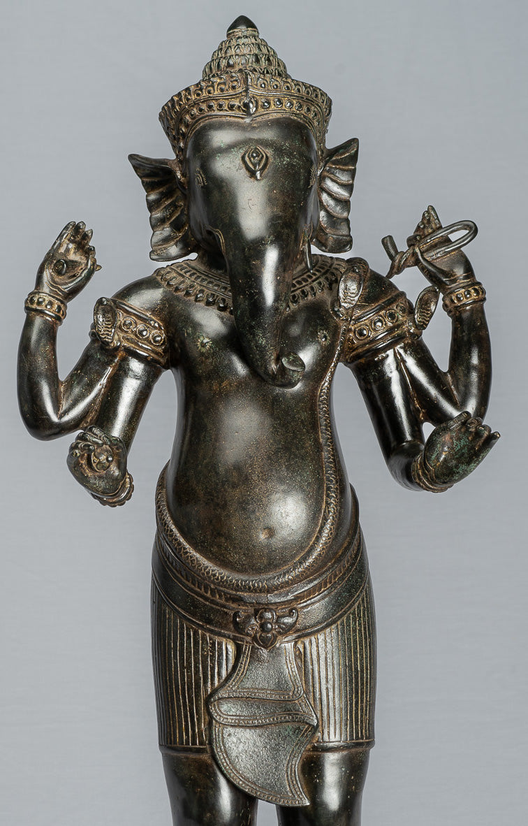 Estatua de Ganesha - Estatua de bronce de pie de estilo jemer antiguo Angkor Wat Ganesha y Yoni - 88 cm/35 "