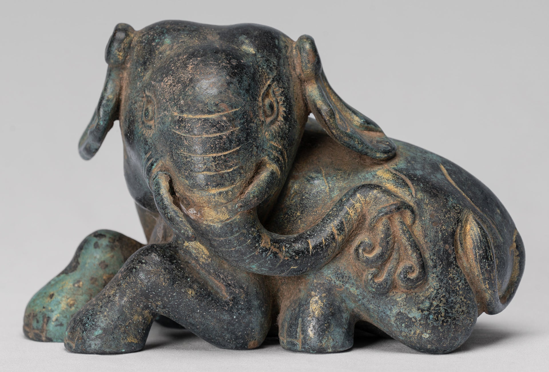 Antique Khmer Style Laying Down Bronze Elephant Statue - 12cm/5" Tall