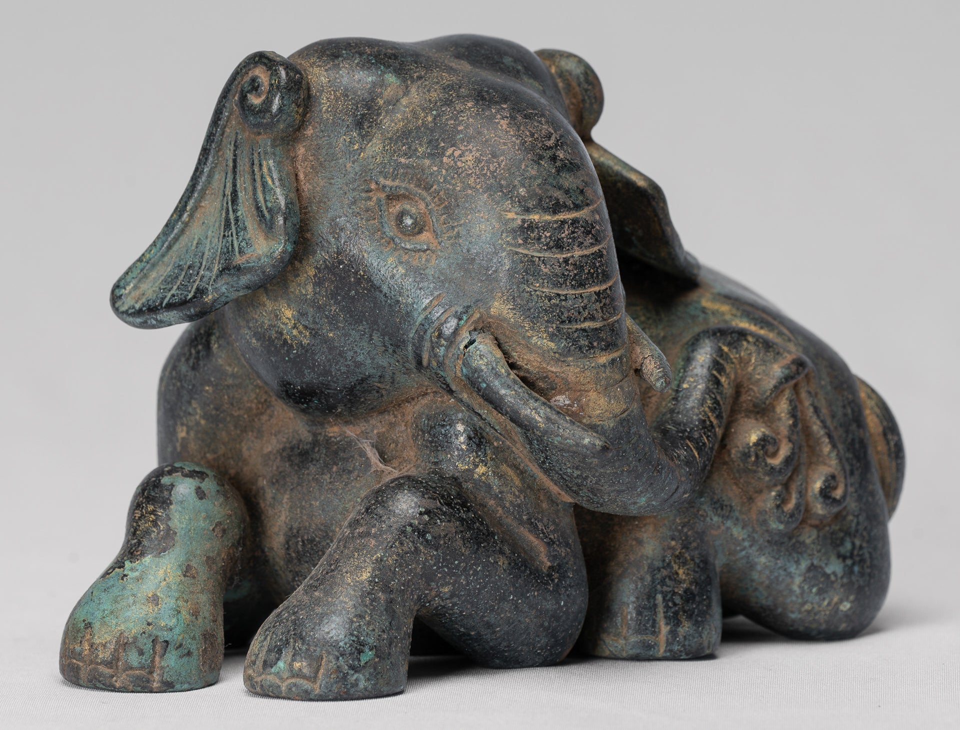 Antique Khmer Style Laying Down Bronze Elephant Statue - 12cm/5" Tall