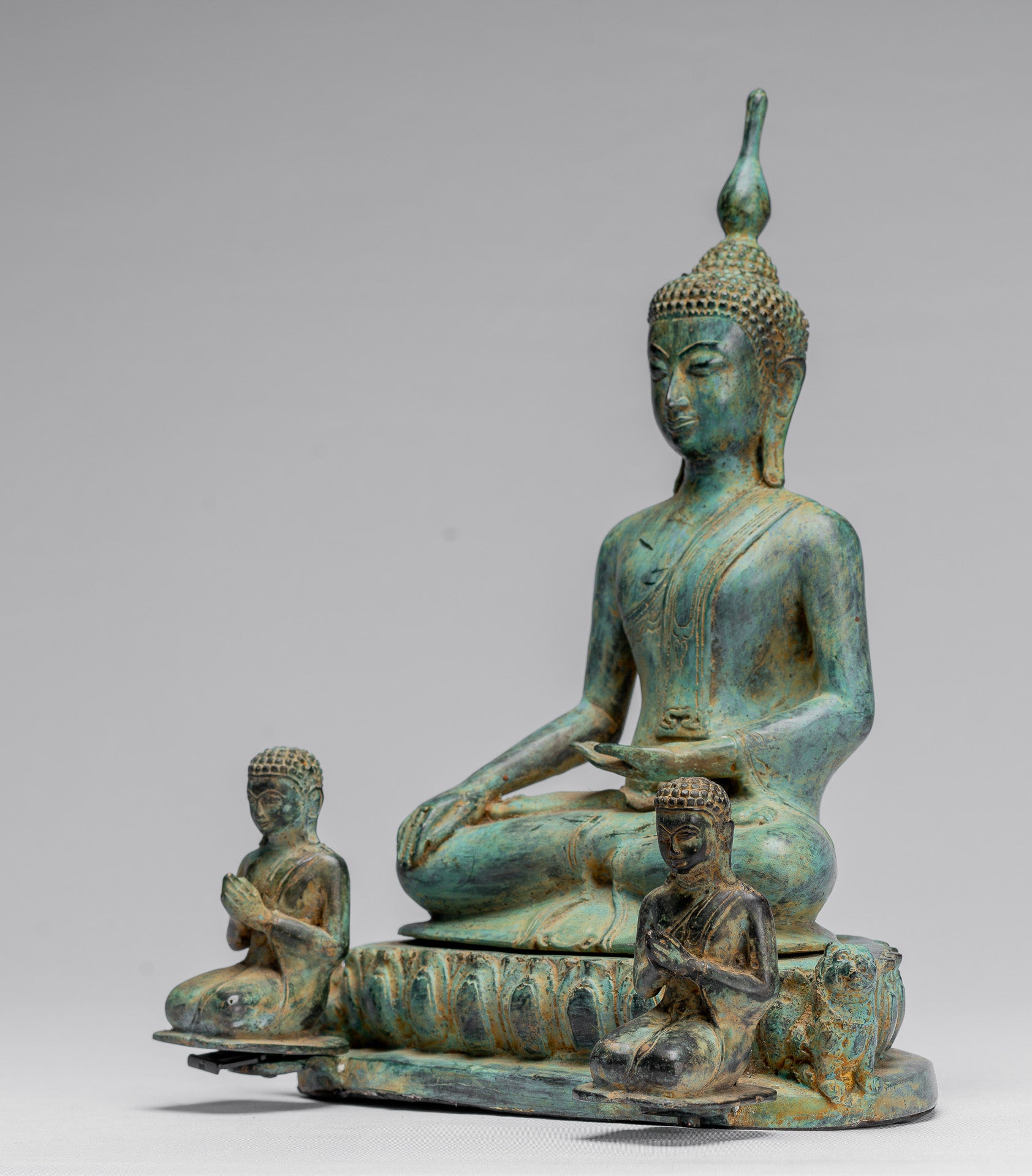 Buddha Statue-Antike Indonesische Stil Seated Bronze Javanese Erleuchtung Buddha mit Jüngern-32cm/13 "