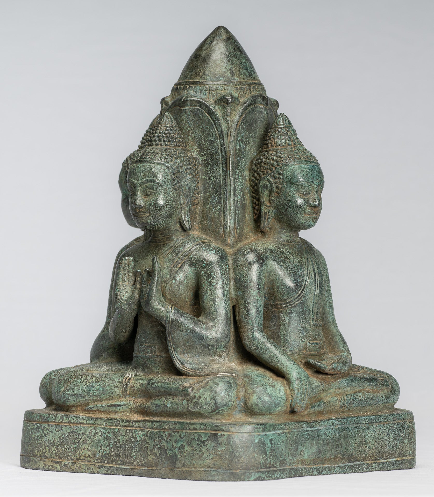 Antique Khmer Style Southeast Asia Bronze Four Way Buddha Statue - 28cm/11"