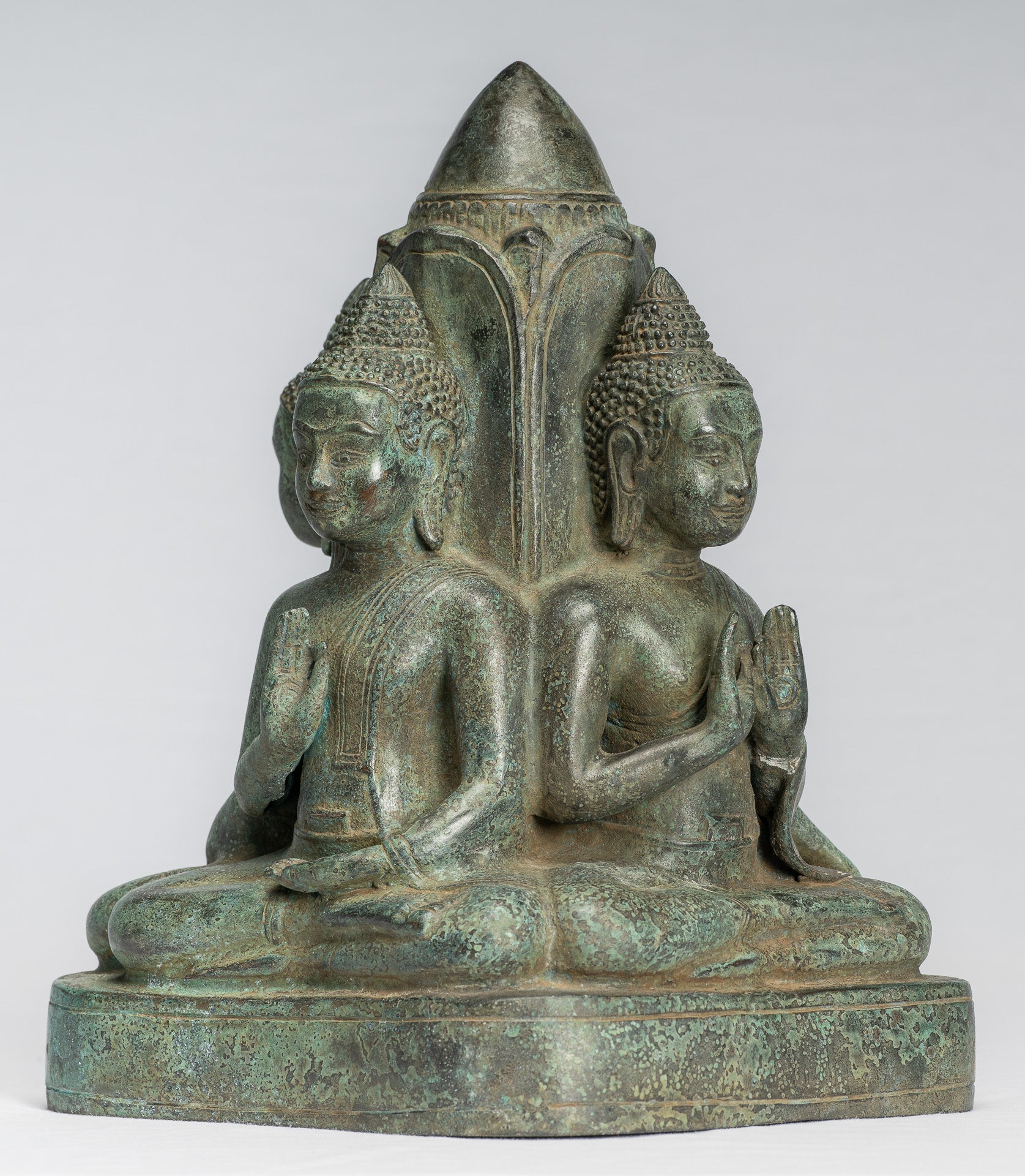 Antique Khmer Style Southeast Asia Bronze Four Way Buddha Statue - 28cm/11"