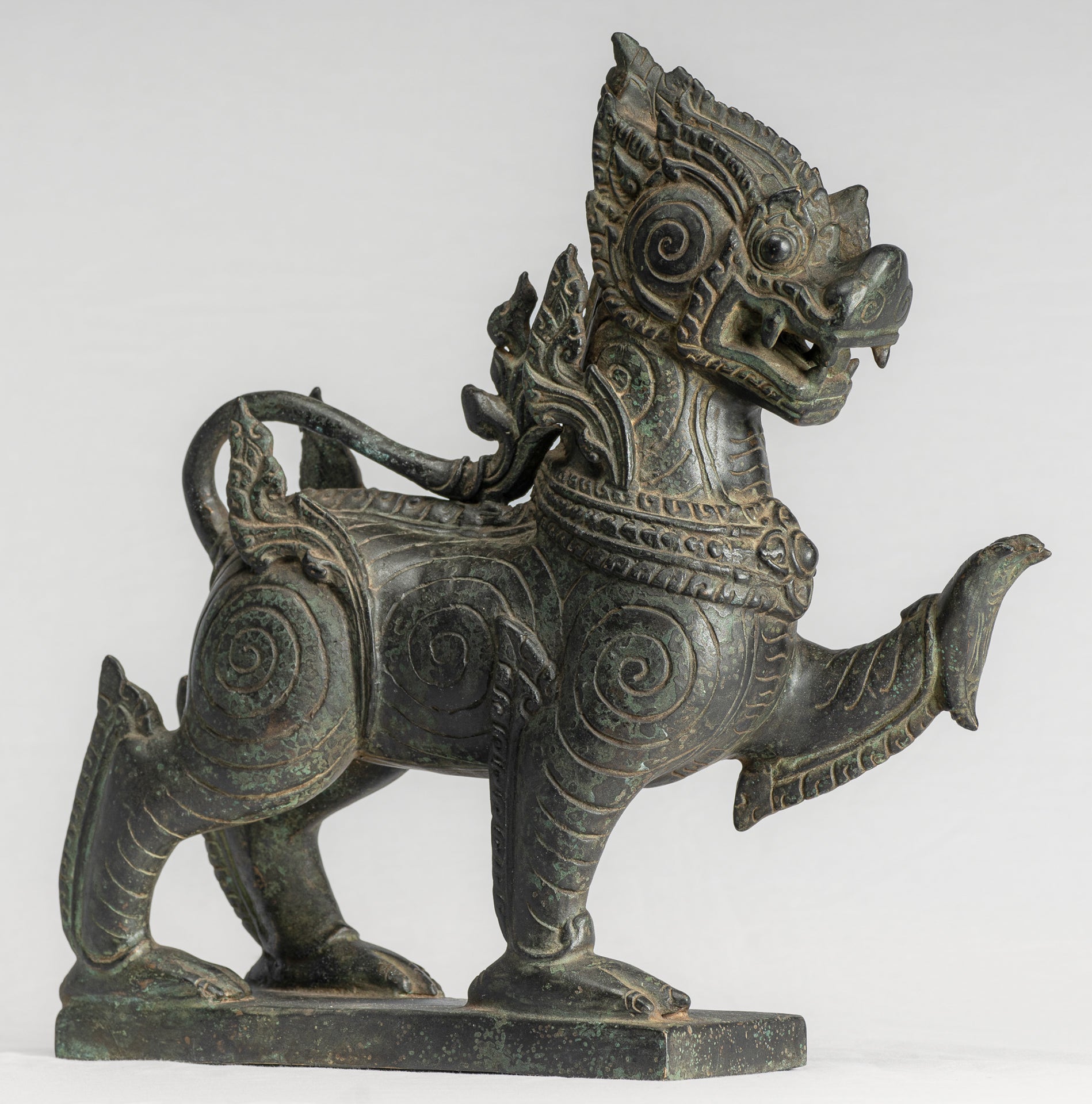 Antique Burmese Style Bronze Standing Chinthe Guardian Temple Lion - 36cm/14"