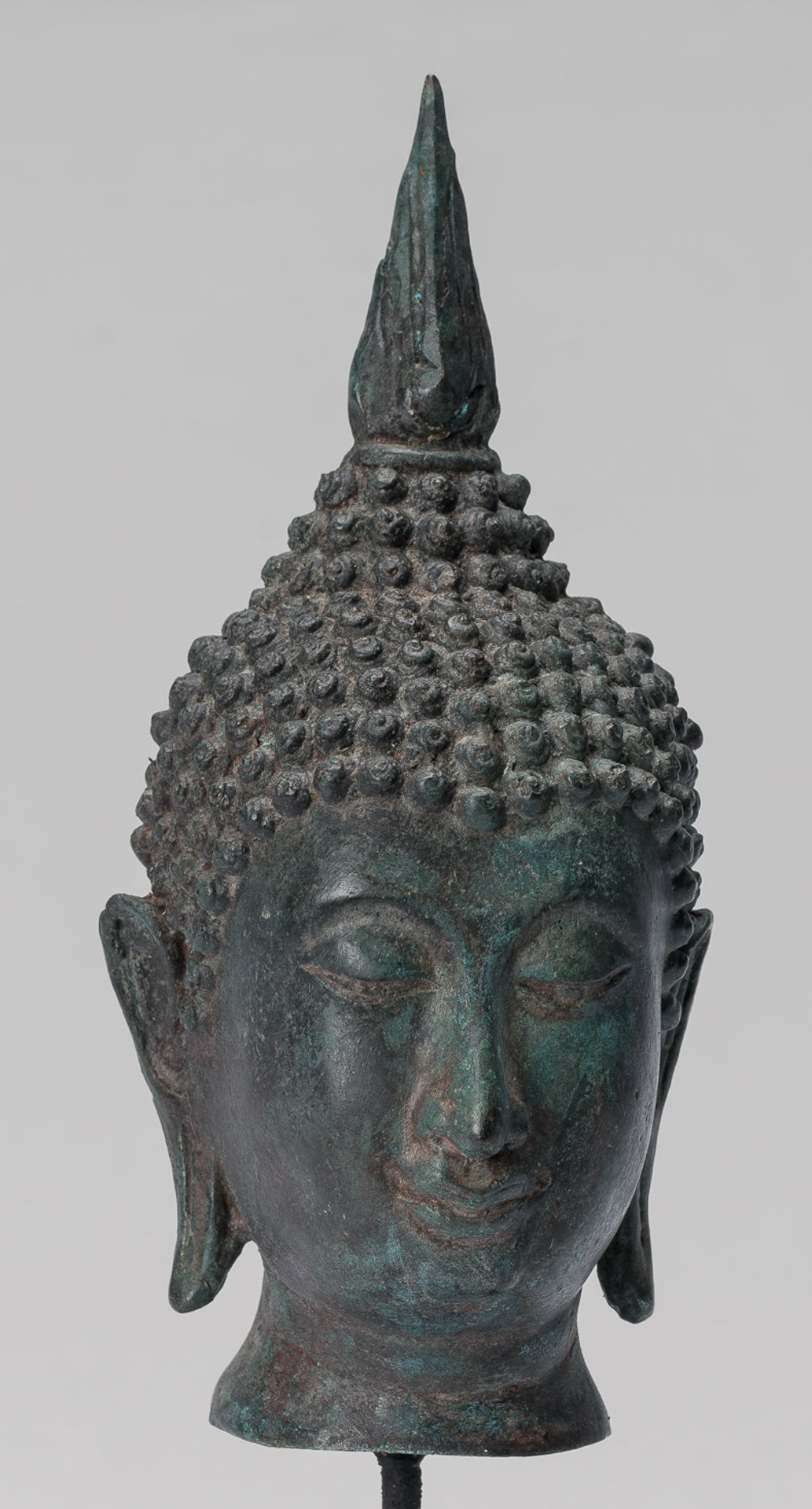 Buddha Head - Antique Thai Style Sukhothai Mounted Bronze Buddha Head - 22cm/9"