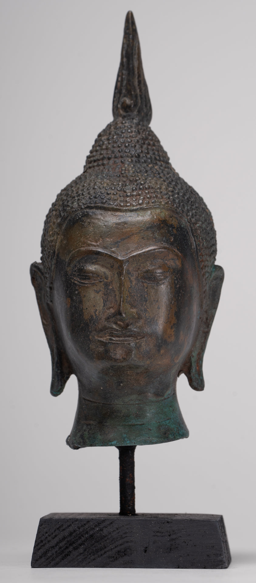 Buddha Head - Antique Thai Style Sukhothai Mounted Bronze Buddha Head - 22.5cm/9"