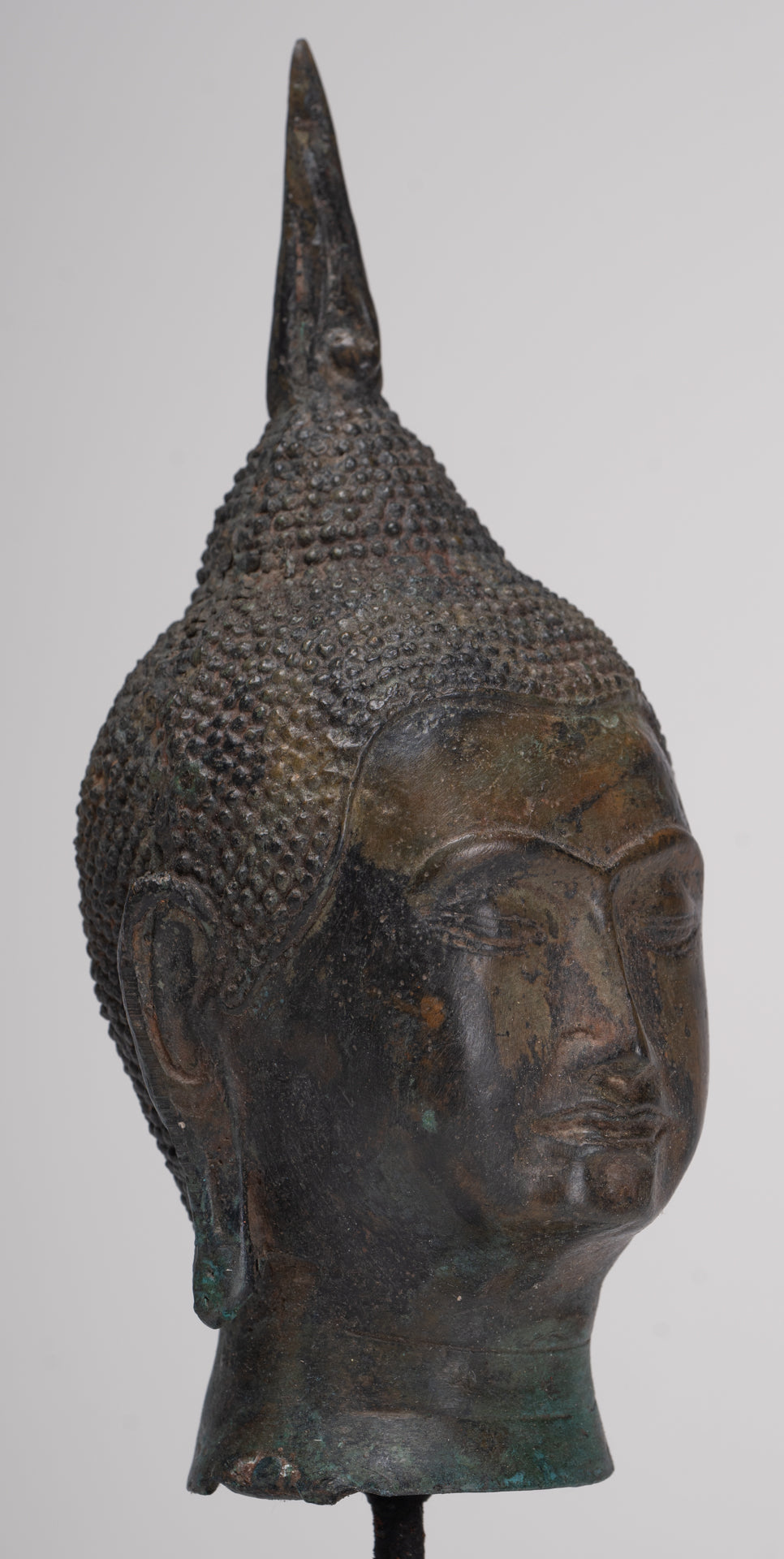 Buddha Head - Antique Thai Style Sukhothai Mounted Bronze Buddha Head - 22.5cm/9"