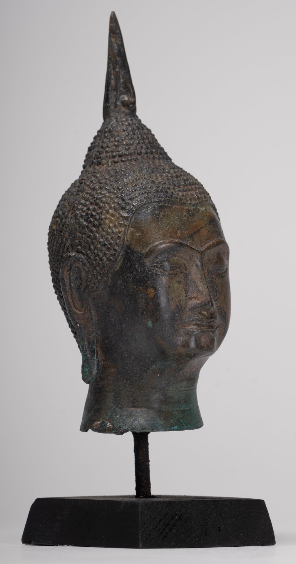 Buddha Head - Antique Thai Style Sukhothai Mounted Bronze Buddha Head - 22.5cm/9"
