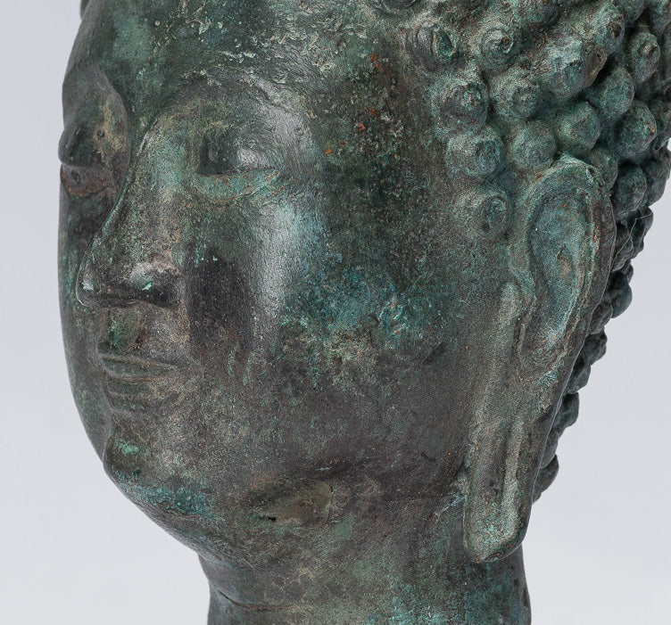 Cabeza de Buda - Estilo antiguo Thai Chiang Saen Montado Bronce Buddha Head - 18 cm/7 "