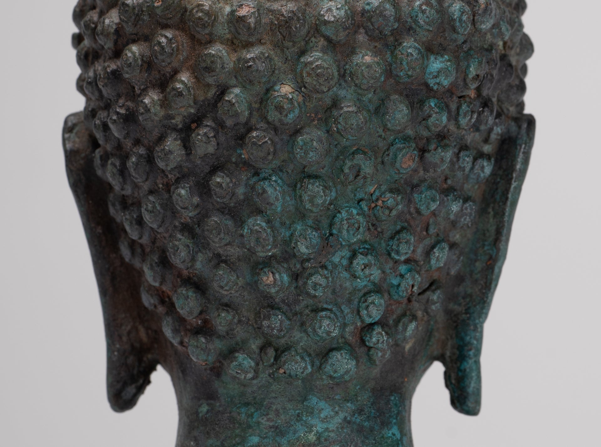 Buddha Head - Antique Thai Style Chiang Saen Mounted Bronze Buddha Head - 19cm/8"