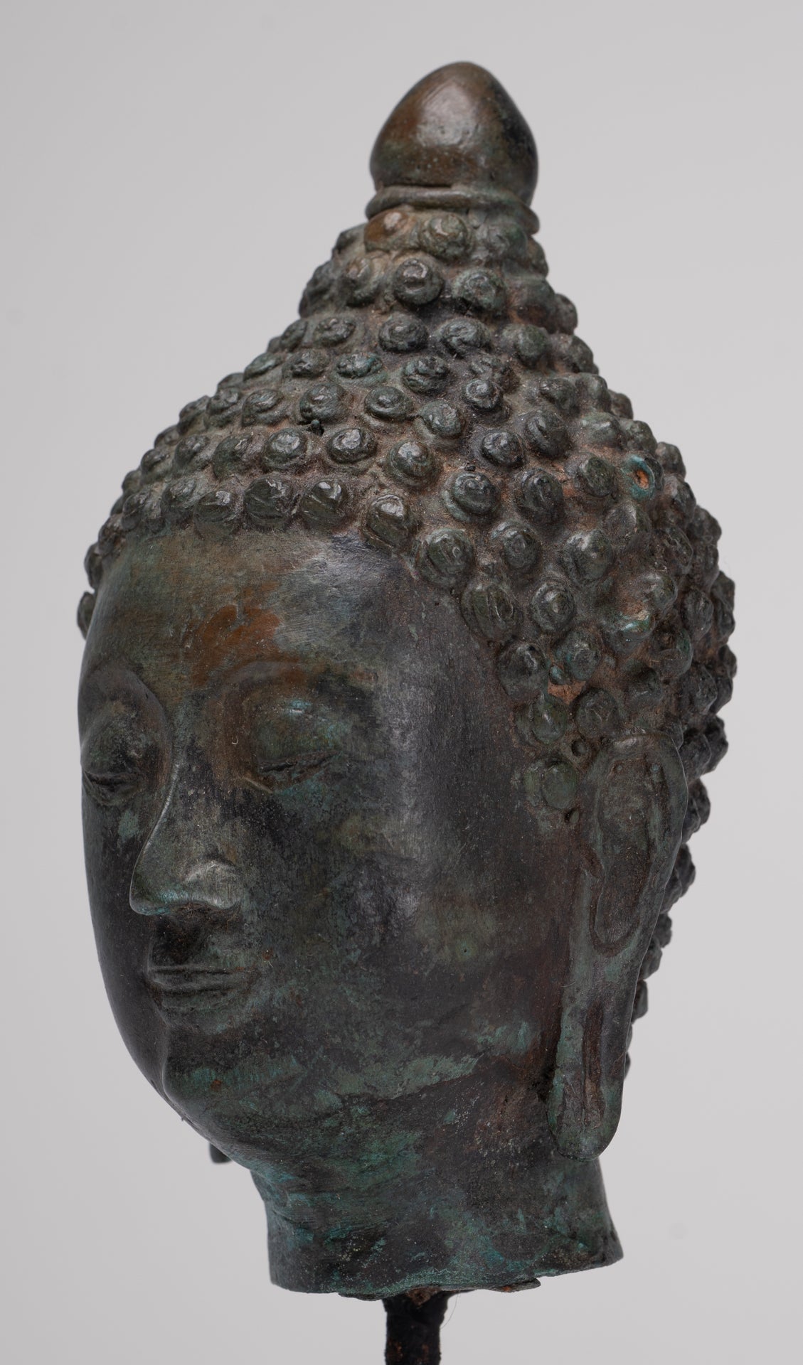 Buddha Head - Antique Thai Style Chiang Saen Mounted Bronze Buddha Head - 19cm/8"