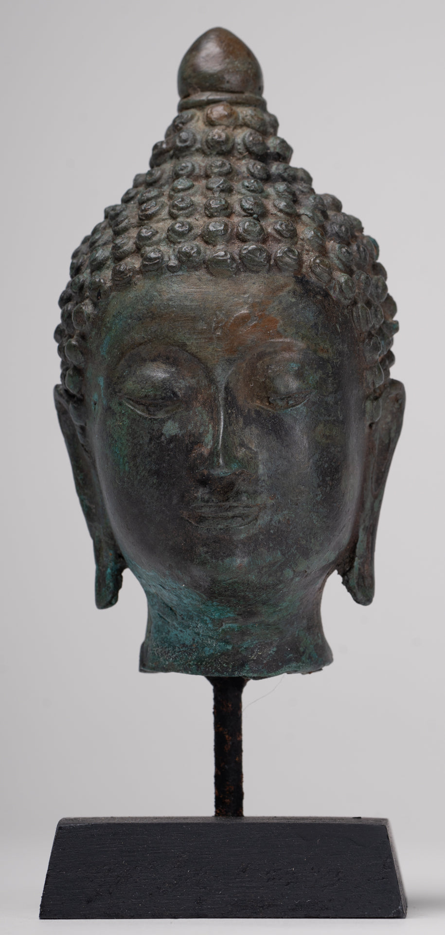 Buddha Head - Antique Thai Style Chiang Saen Mounted Bronze Buddha Head - 19cm/8"