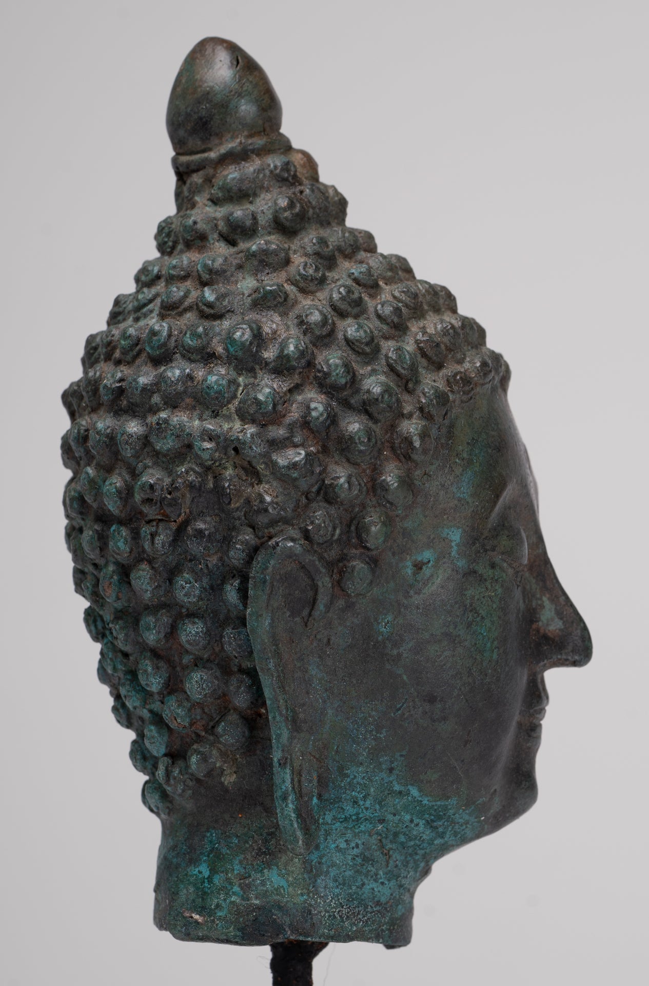 Buddha Head - Antique Thai Style Chiang Saen Mounted Bronze Buddha Head - 19cm/8"