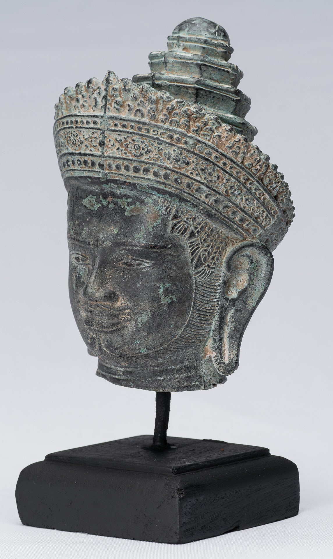 Vishnu Statue - Antique Banteay Srei Style Bronze Mounted Khmer Vishnu Head - 24cm / 10"