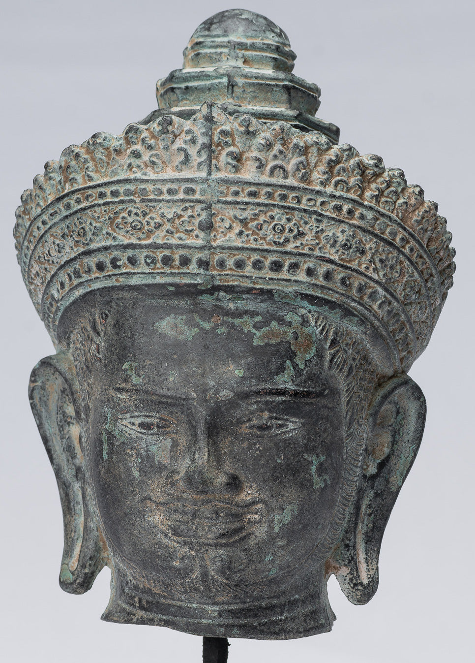 Vishnu Statue - Antique Banteay Srei Style Bronze Mounted Khmer Vishnu Head - 24cm / 10"