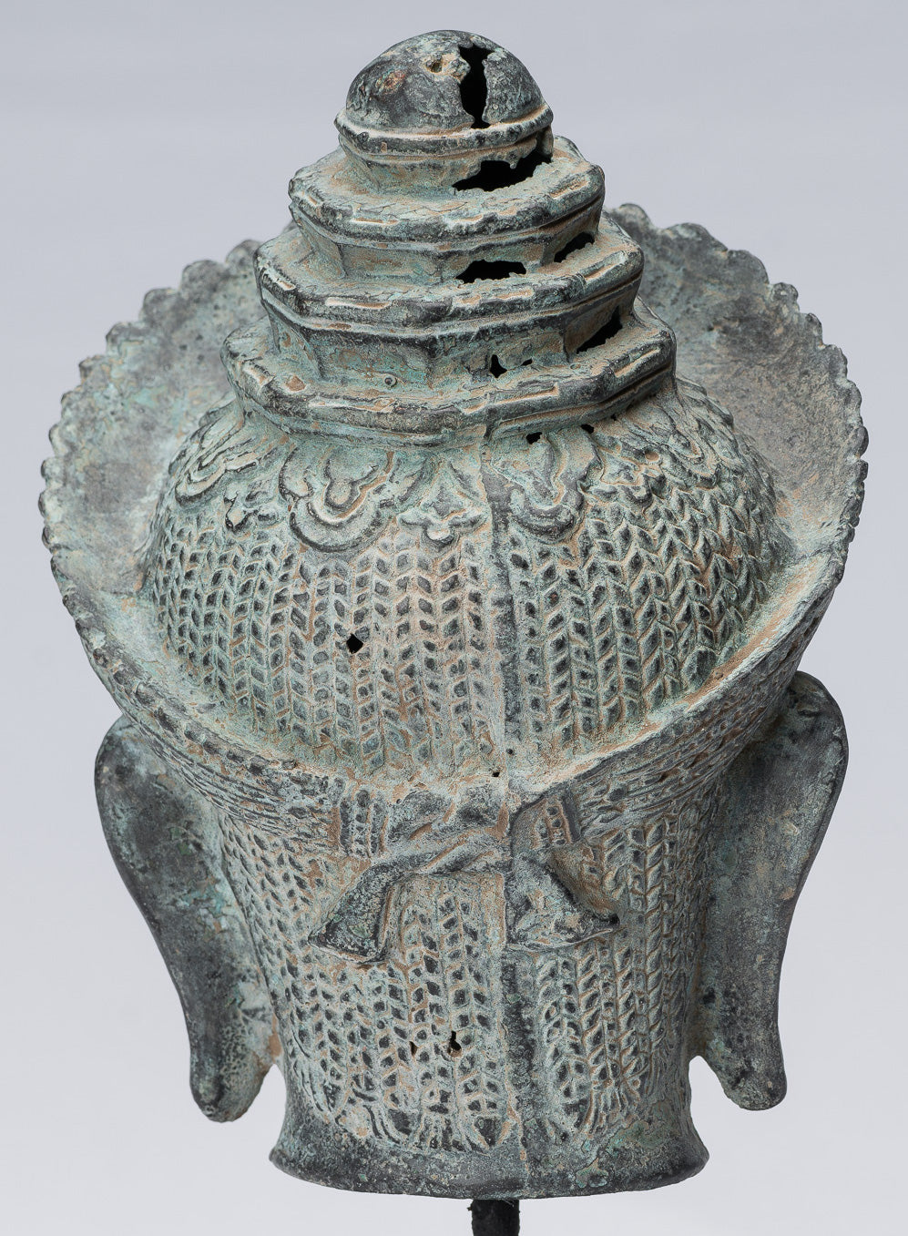 Vishnu Statue - Antique Banteay Srei Style Bronze Mounted Khmer Vishnu Head - 24cm / 10"