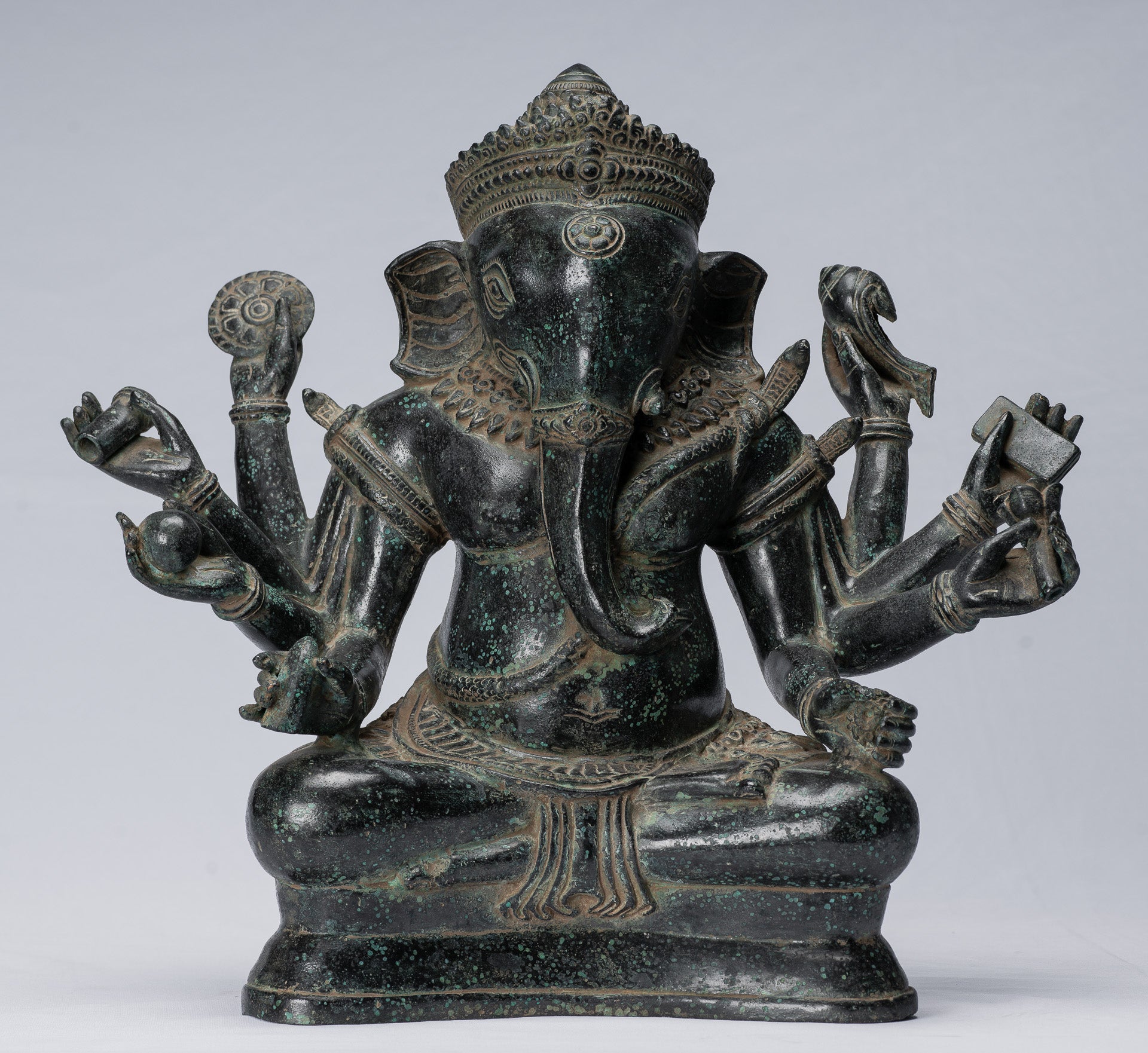 Statue Ganesha - Bronzo di bayon in stile khmer antico seduto a otto braccio ganesh statua - 38 cm/15 "