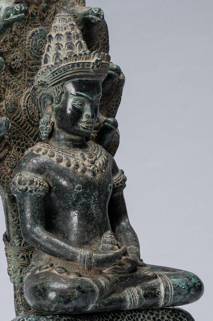 Buddha Statue - Antique Bayon Style Khmer Seated Bronze Naga Meditation Buddha - 57cm/23"