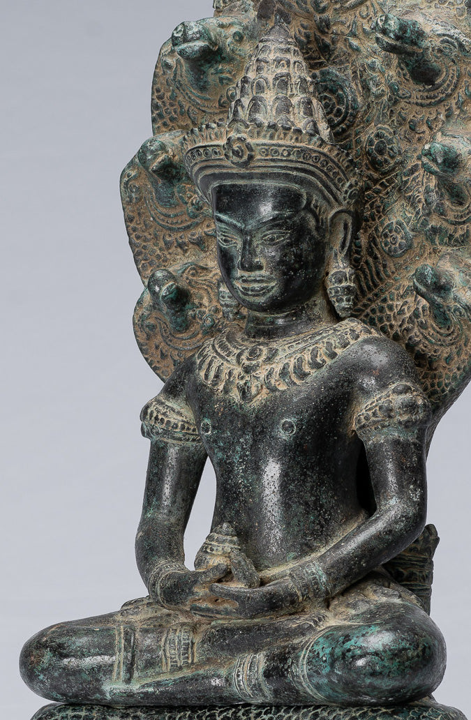 Buddha Statue - Antique Bayon Style Khmer Seated Bronze Naga Meditation Buddha - 57cm/23"