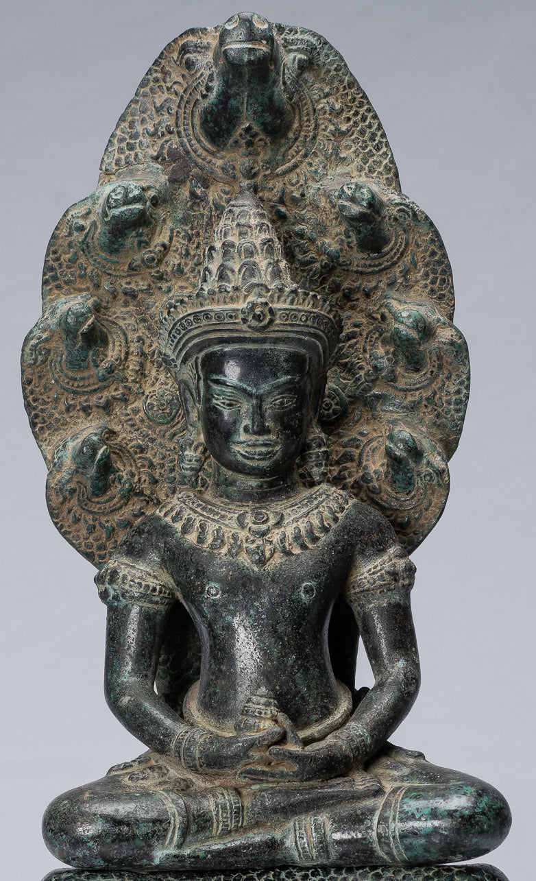 Buddha Statue - Antique Bayon Style Khmer Seated Bronze Naga Meditation Buddha - 57cm/23"