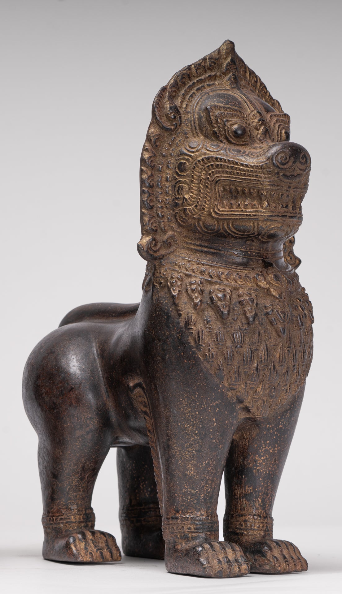 Temple Lions - Antique Khmer Style Bronze Standing Temple Guardian or Lions (Pair) - 27cm/11"
