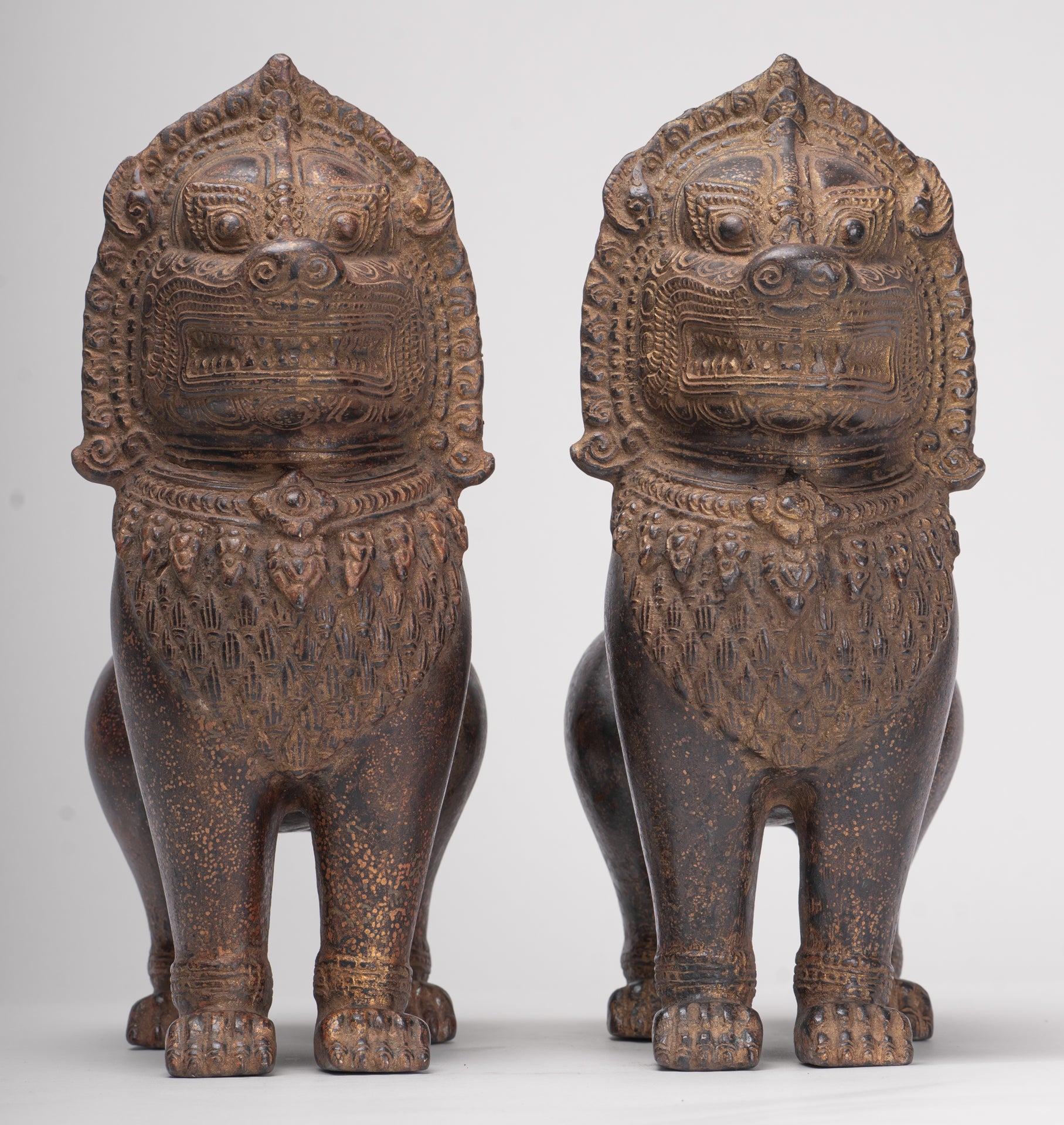 Temple Lions - Antique Khmer Style Bronze Standing Temple Guardian or Lions (Pair) - 27cm/11"