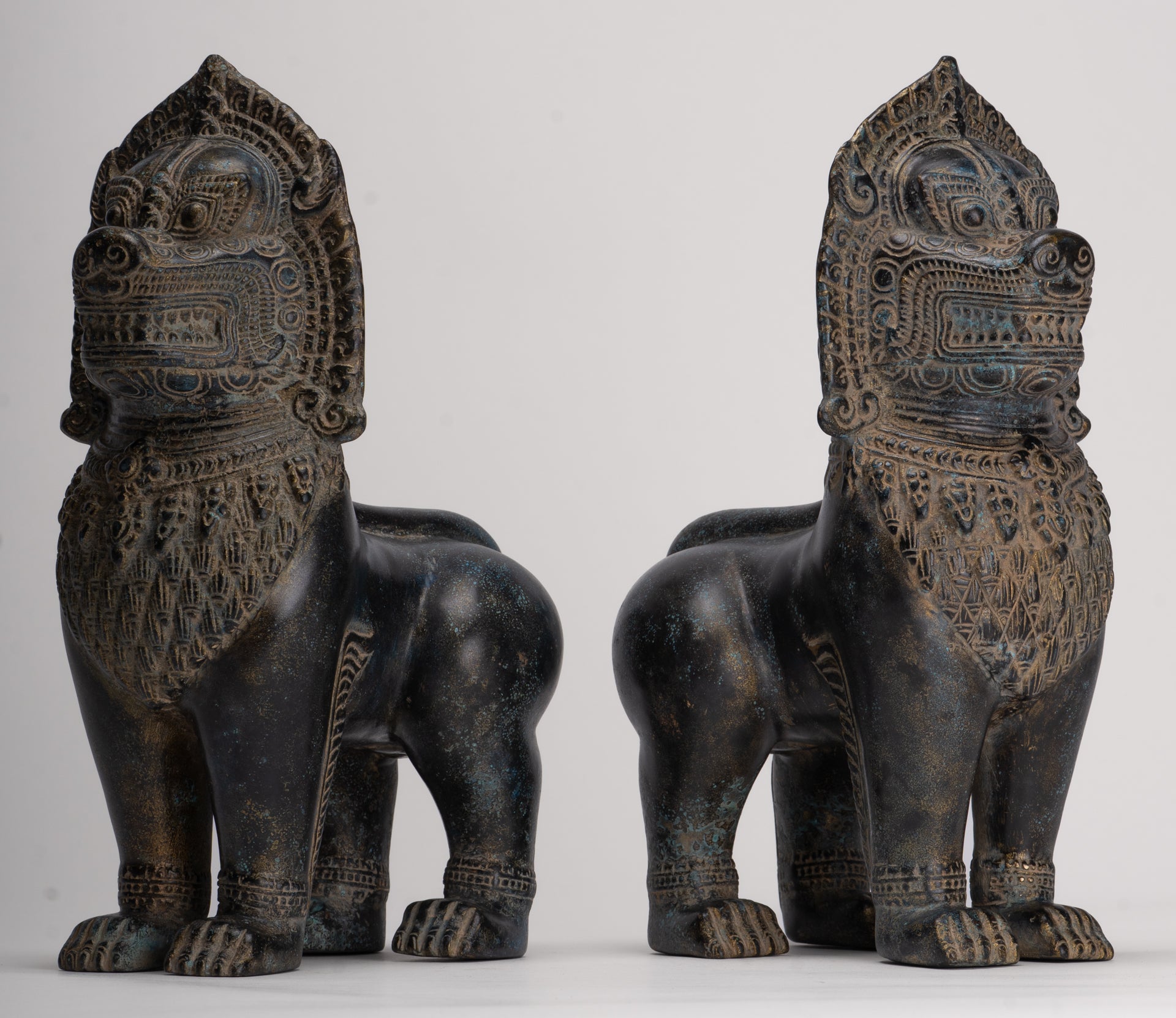 Temple Lions - Antique Khmer Style Bronze Standing Temple Guardian or Lions (Pair) - 27cm/11"