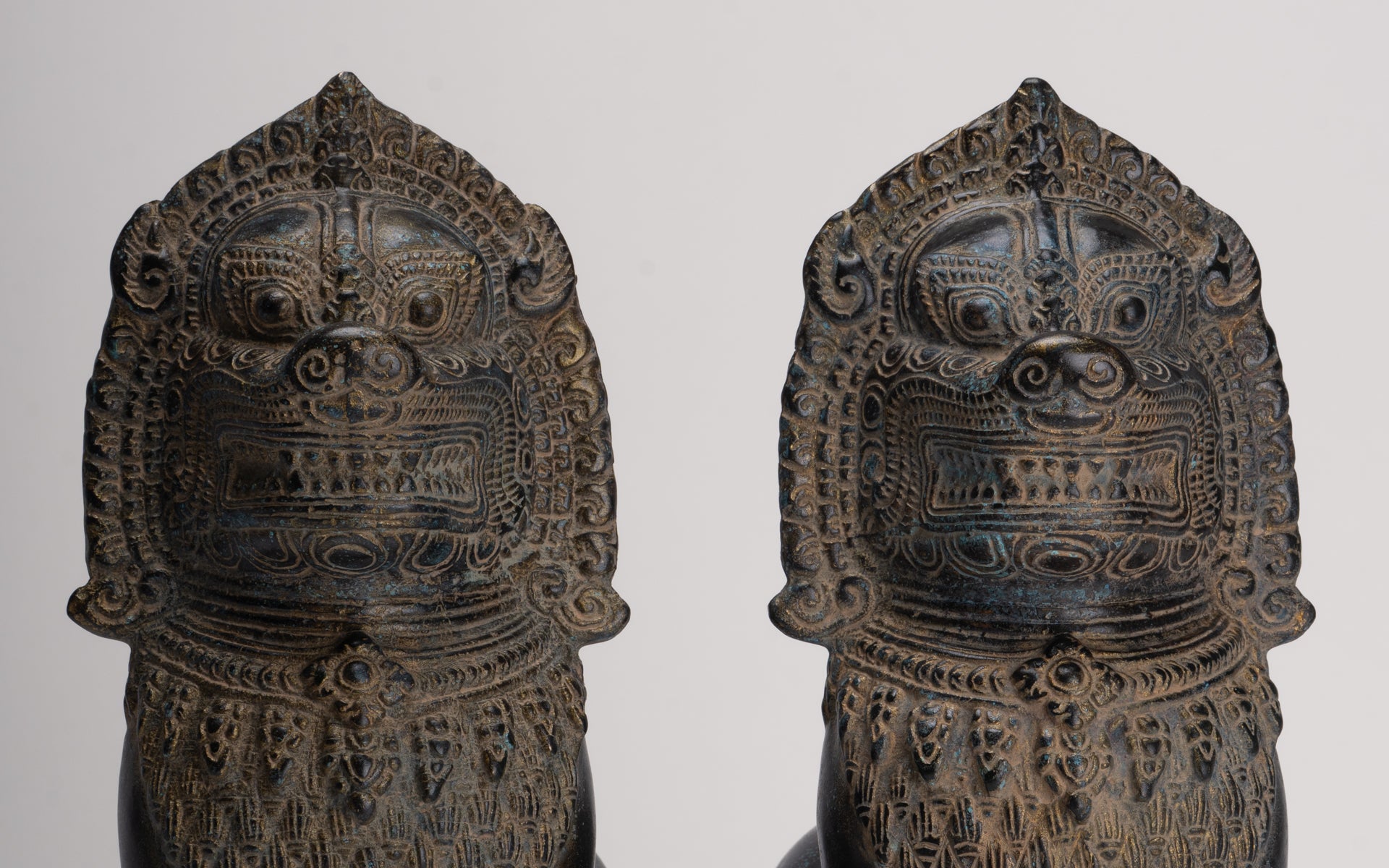 Temple Lions - Antique Khmer Style Bronze Standing Temple Guardian or Lions (Pair) - 27cm/11"