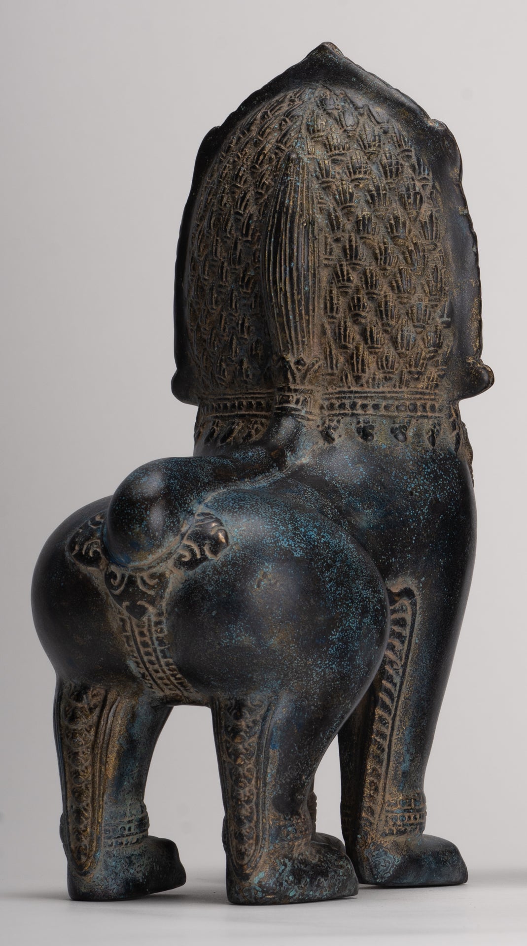 Temple Lions - Antique Khmer Style Bronze Standing Temple Guardian or Lions (Pair) - 27cm/11"