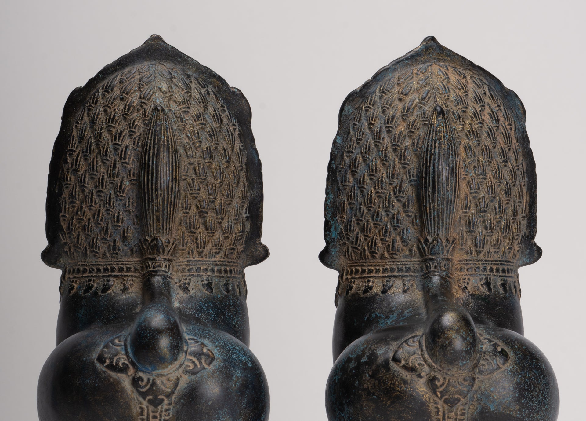 Temple Lions - Antique Khmer Style Bronze Standing Temple Guardian or Lions (Pair) - 27cm/11"