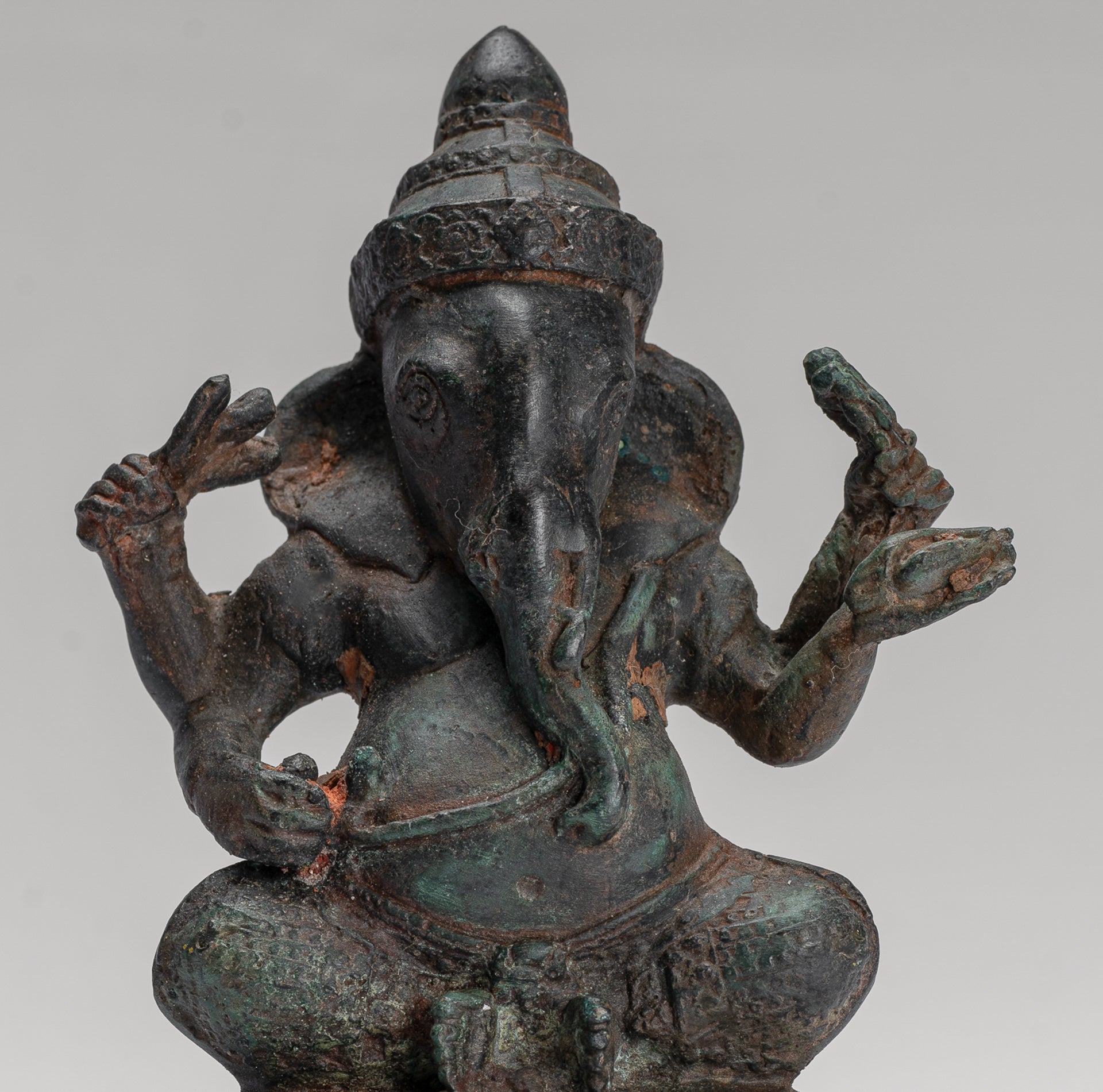 Ganesha Statue - Antique Khmer Style Seated Bronze Bayon Ganesh Statue - 14cm/6"
